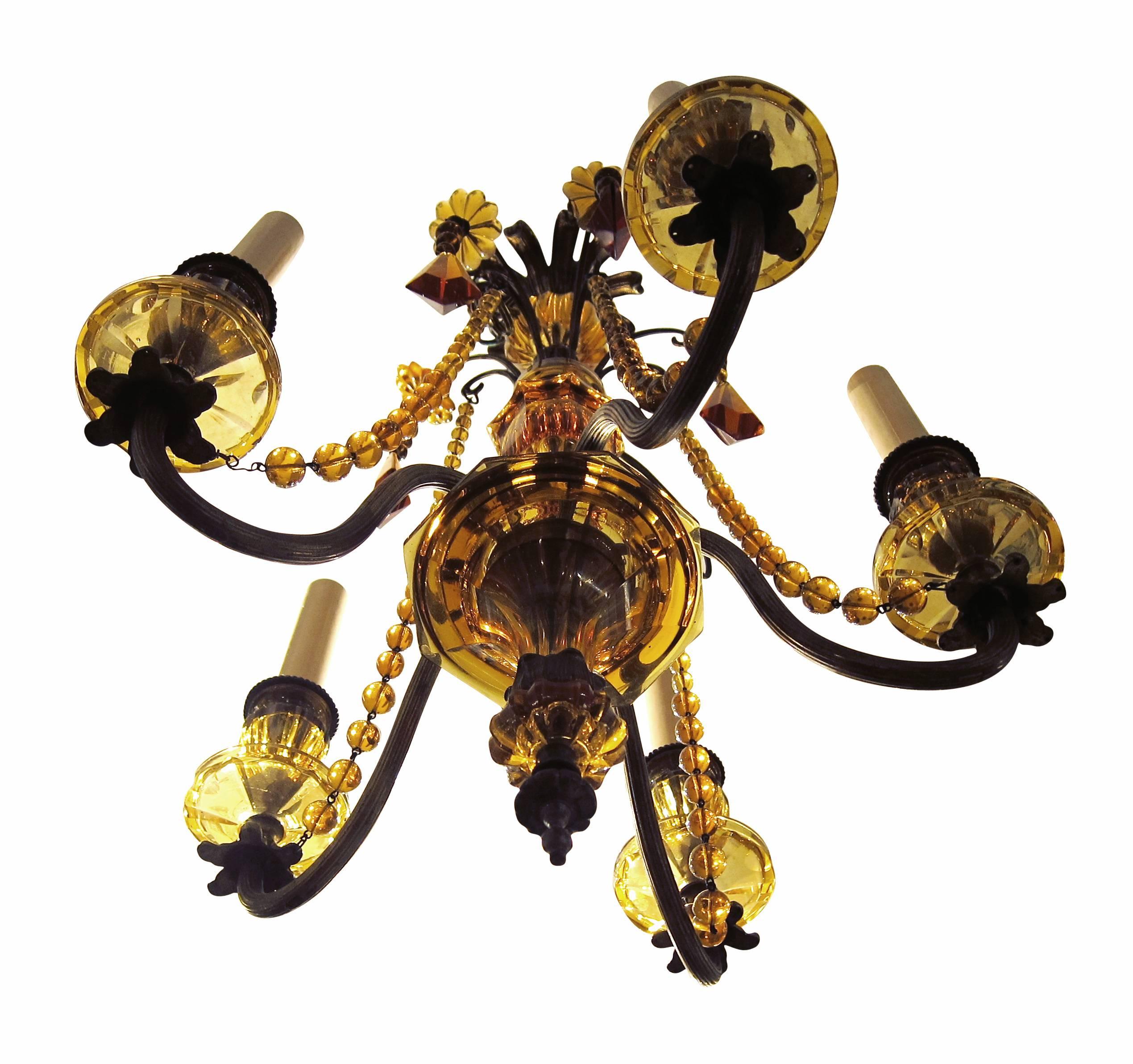 French Venetian Style Cut Amber Crystal and Bronze Chandelier with Five Arms 1