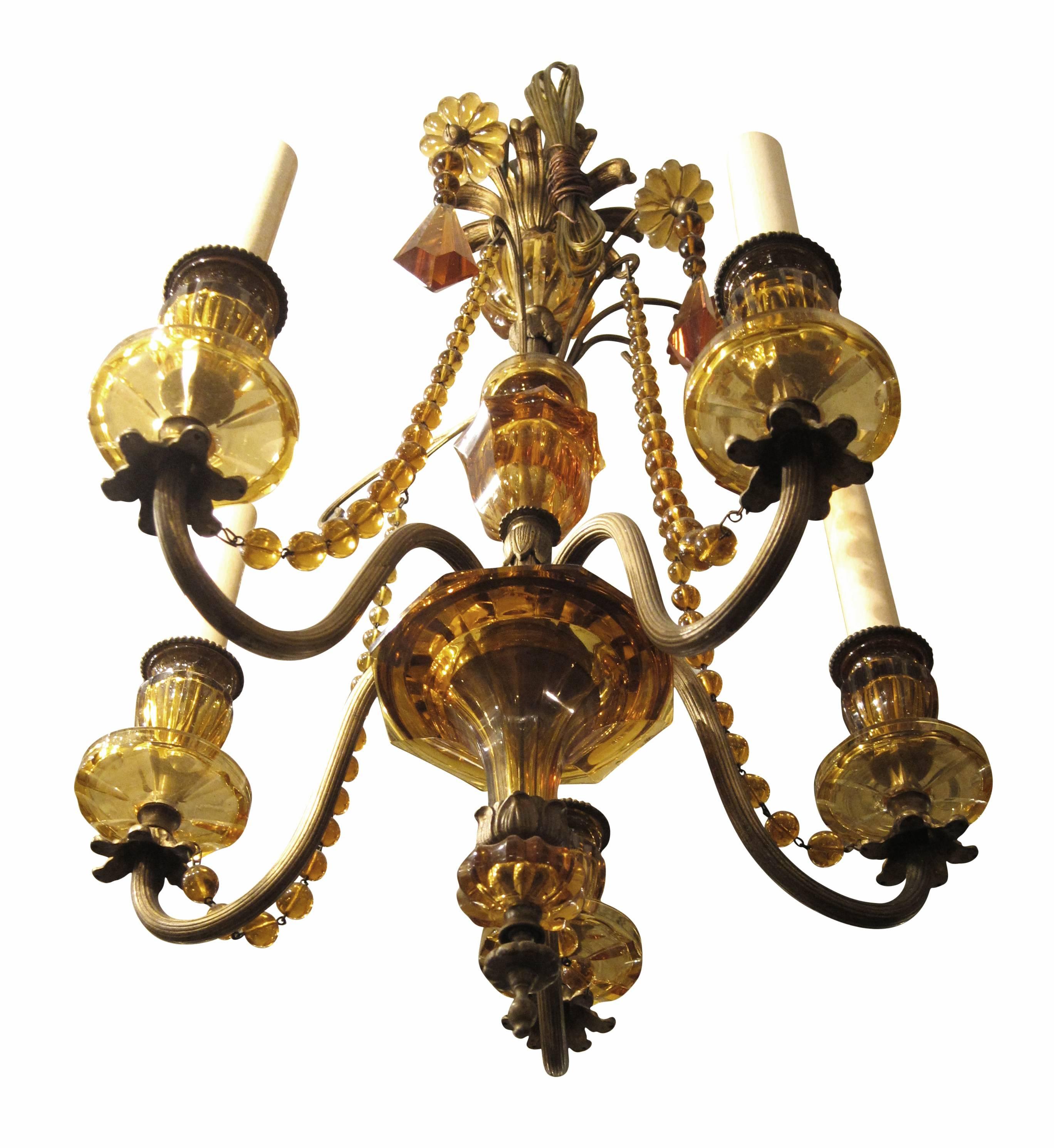 French Venetian Style Cut Amber Crystal and Bronze Chandelier with Five Arms In Excellent Condition In New York, NY