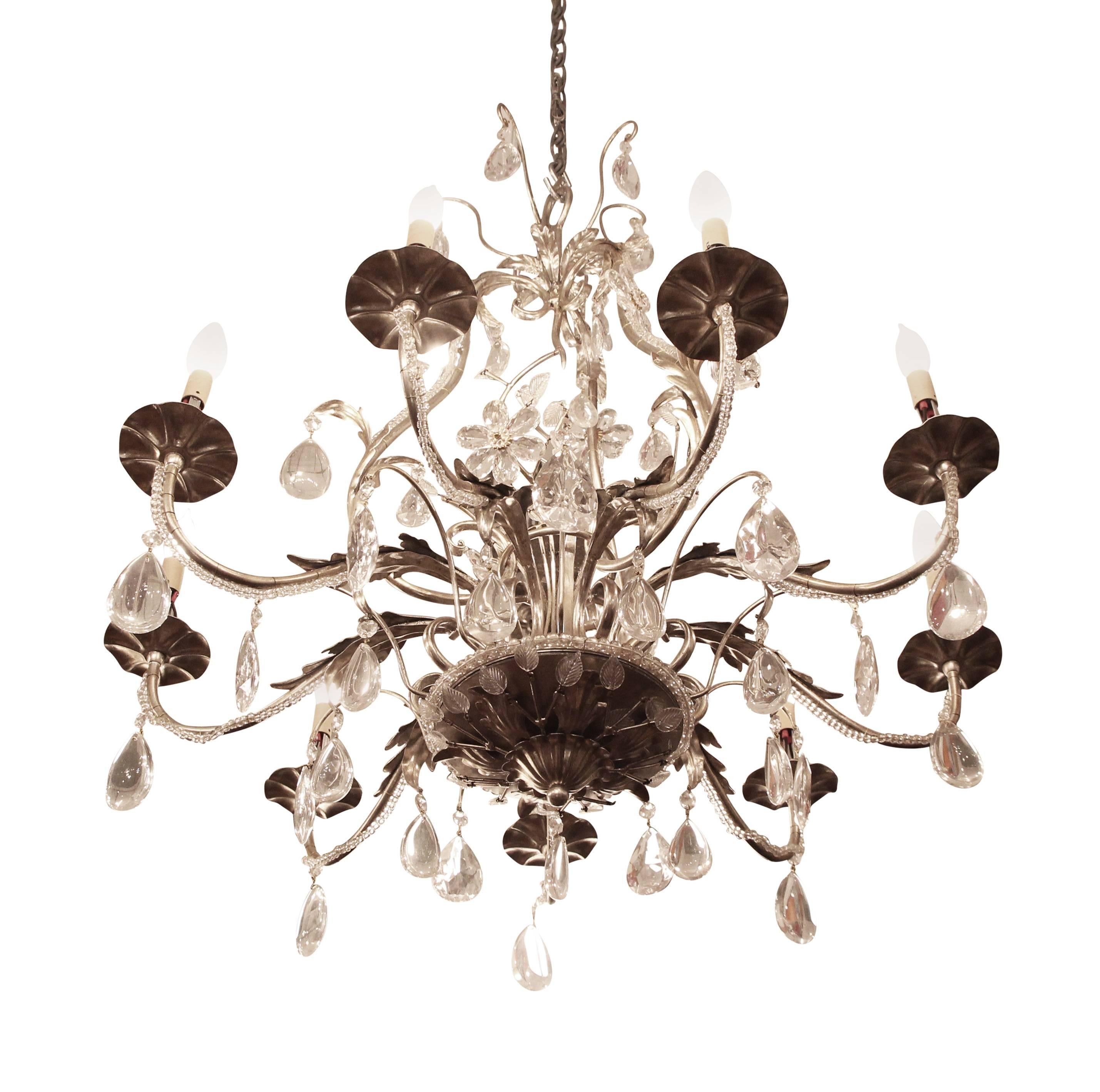 2005 Florentine Style Steel and Crystal Chandelier with Nine Arms 2