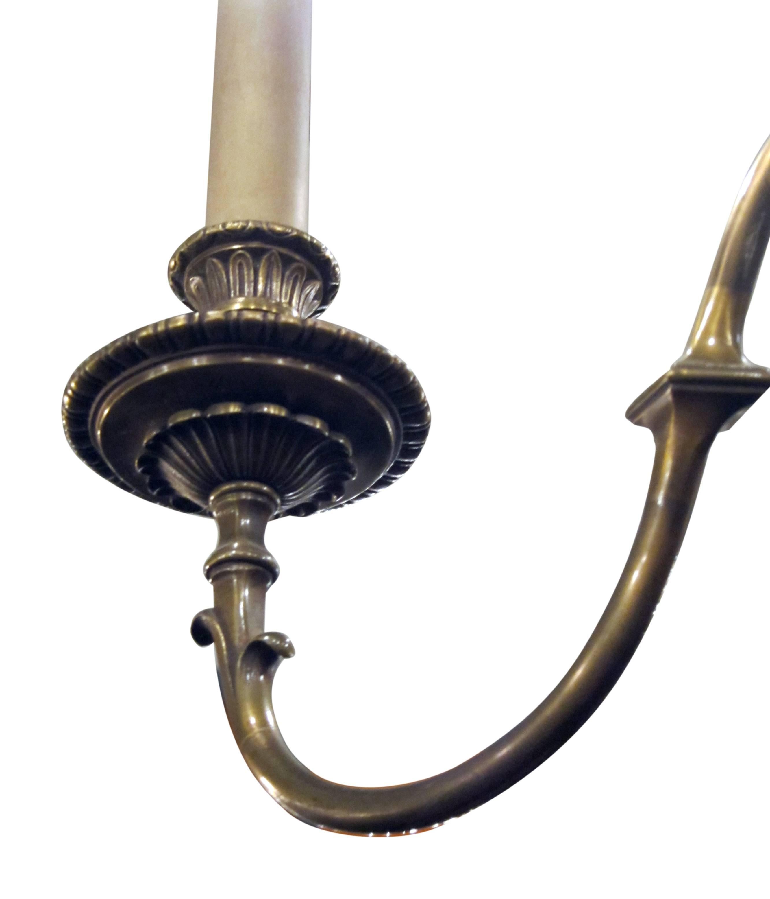1930s Eight-Arm Bronze Chandelier with Leaf Accents 1