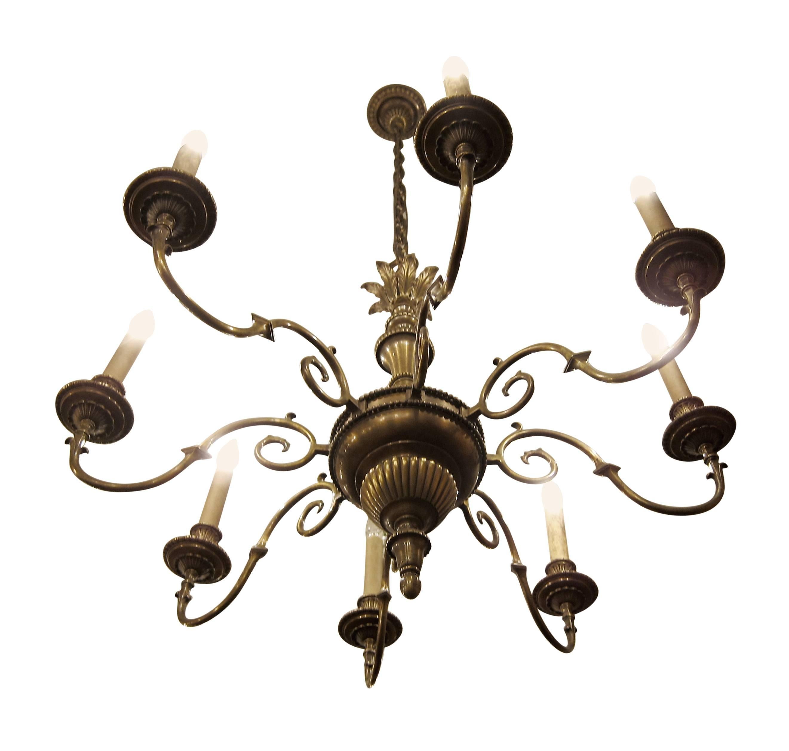 1930s Eight-Arm Bronze Chandelier with Leaf Accents In Excellent Condition In New York, NY