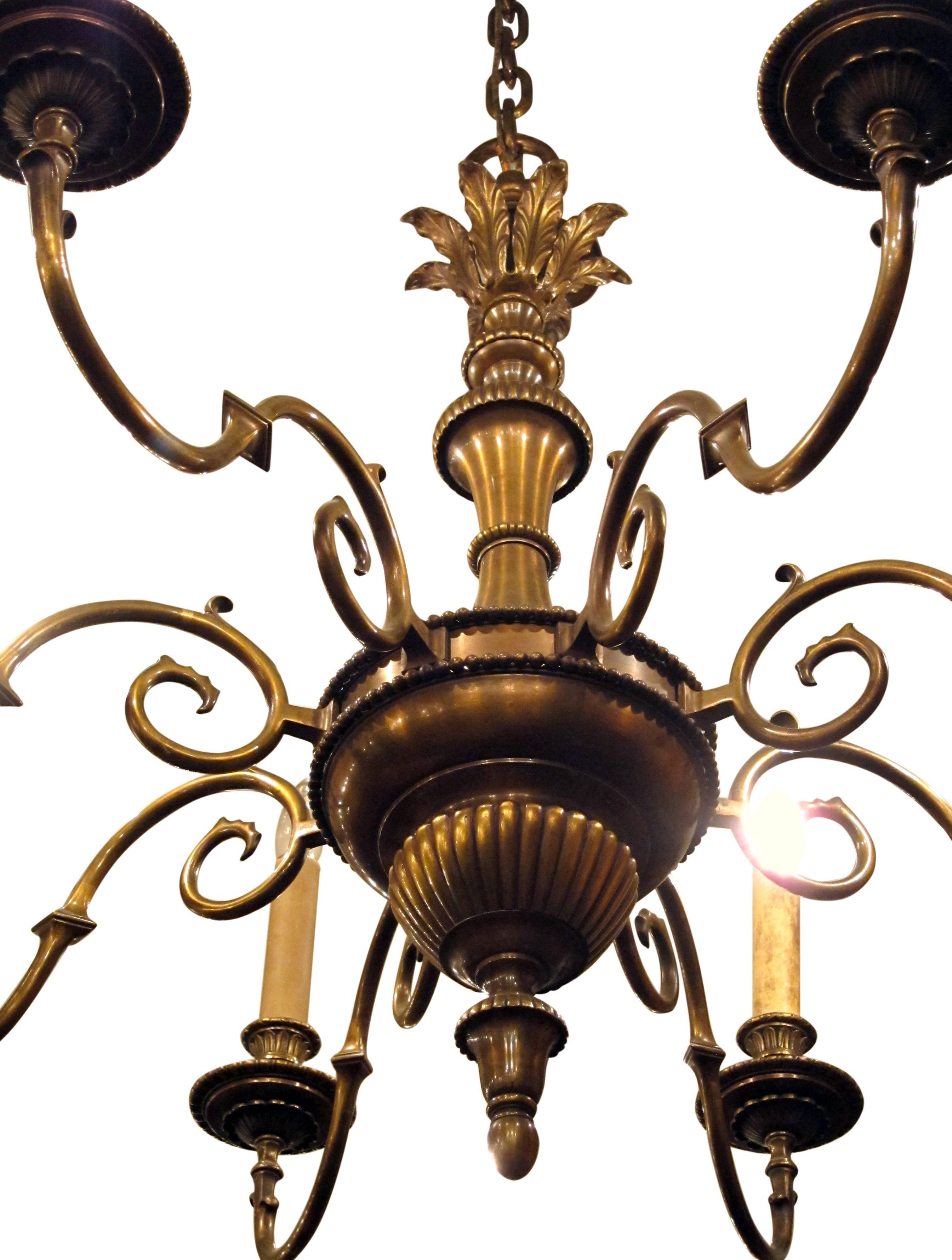 American 1930s Eight-Arm Bronze Chandelier with Leaf Accents