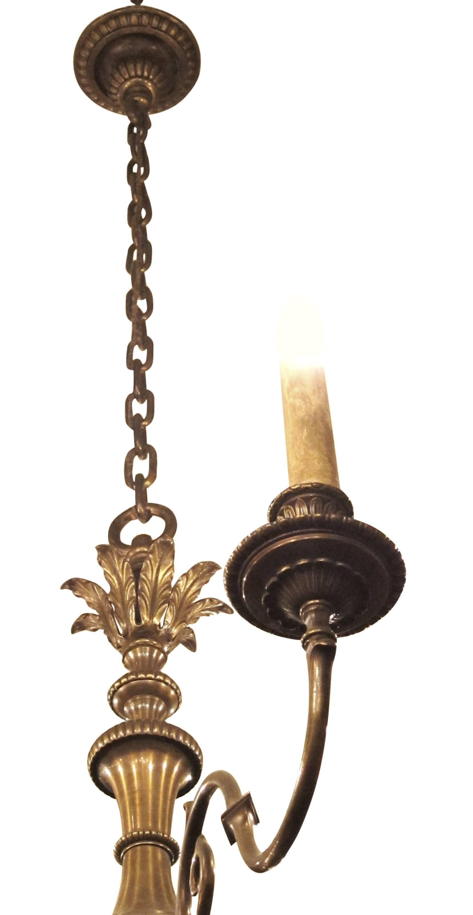 Mid-20th Century 1930s Eight-Arm Bronze Chandelier with Leaf Accents