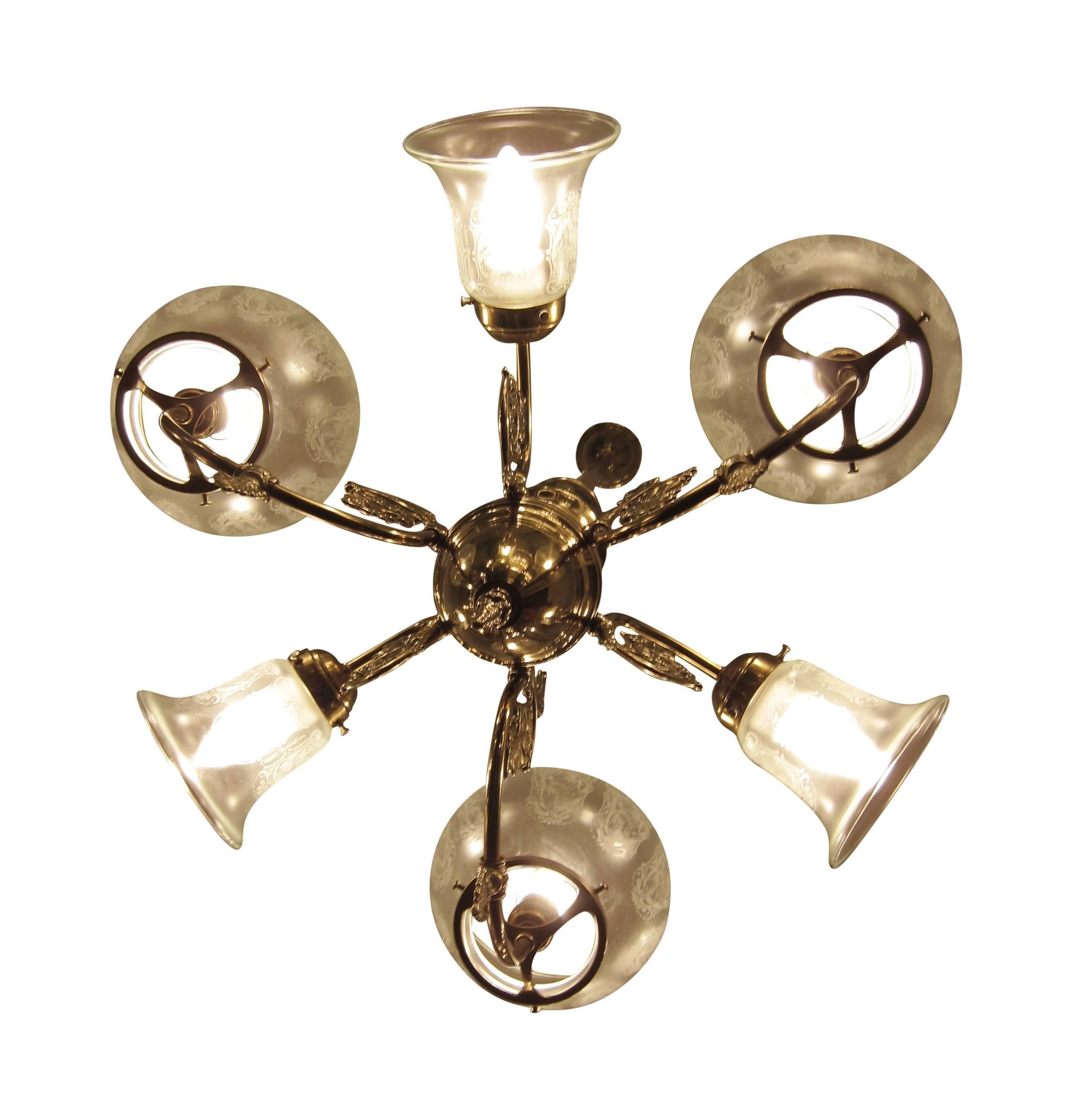 Glass Six-Arm Brass Electric and Gas Style Chandelier Pendant with Etched Shades