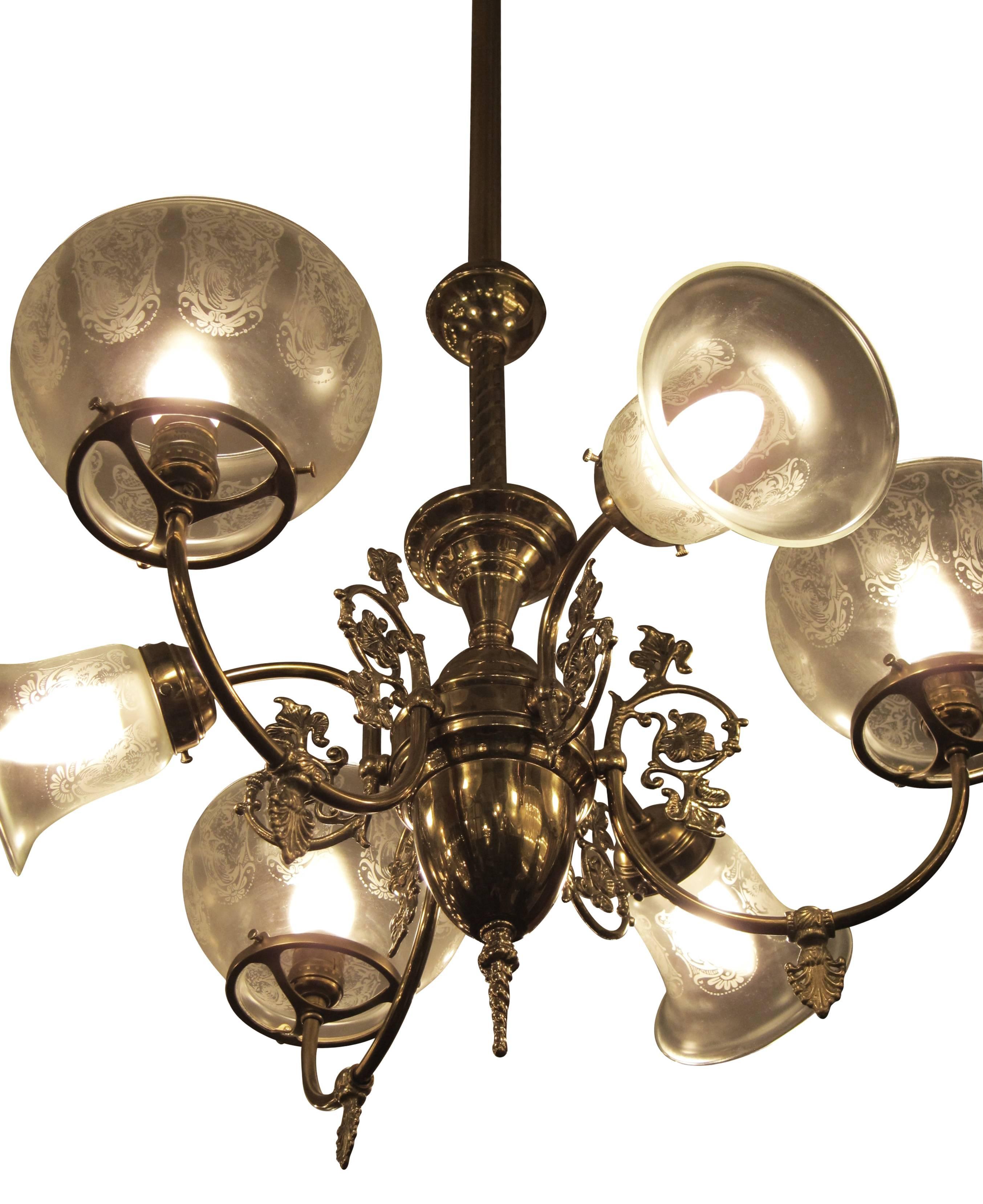 20th Century Six-Arm Brass Electric and Gas Style Chandelier Pendant with Etched Shades