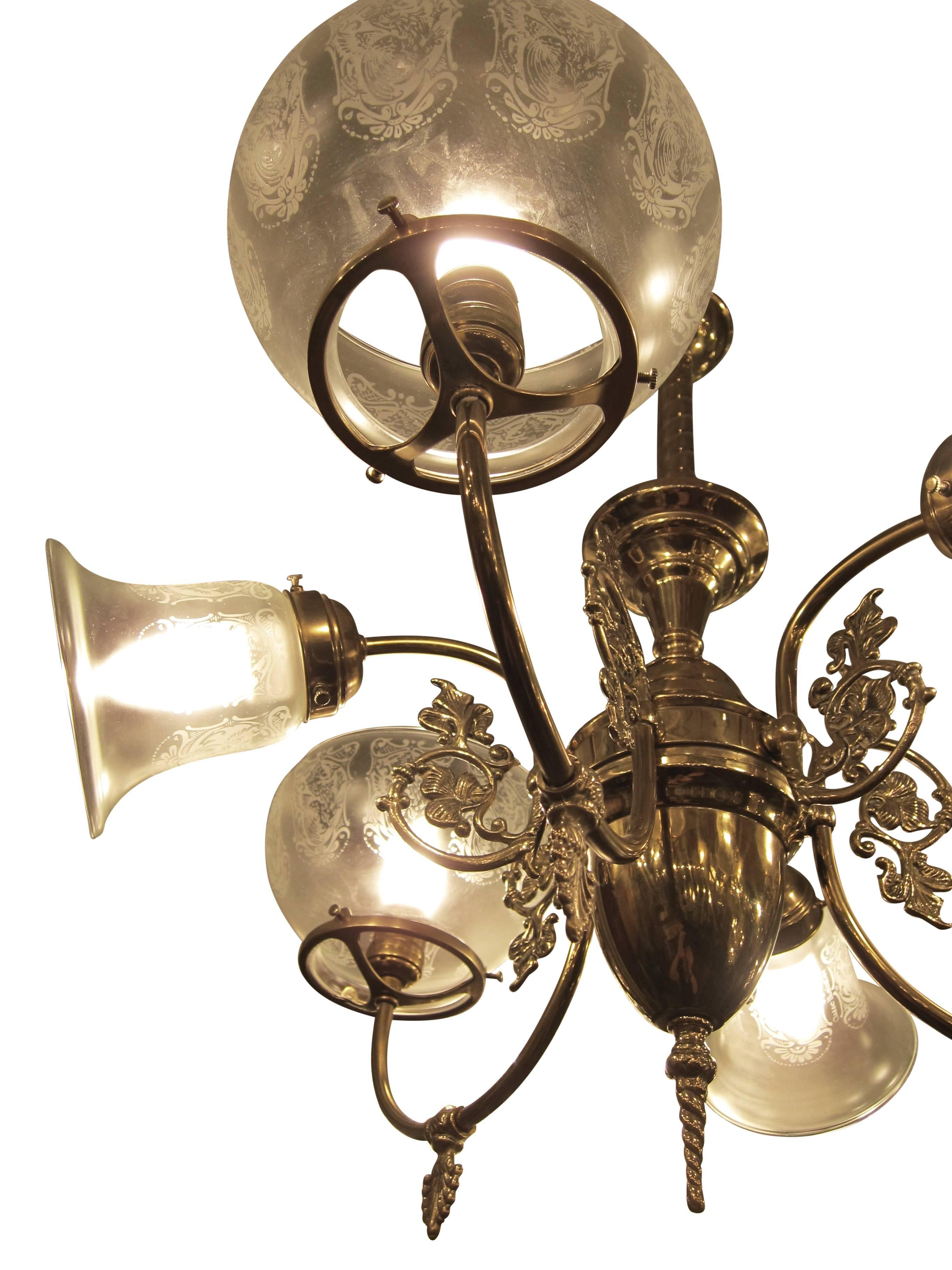 Six-Arm Brass Electric and Gas Style Chandelier Pendant with Etched Shades In Excellent Condition In New York, NY
