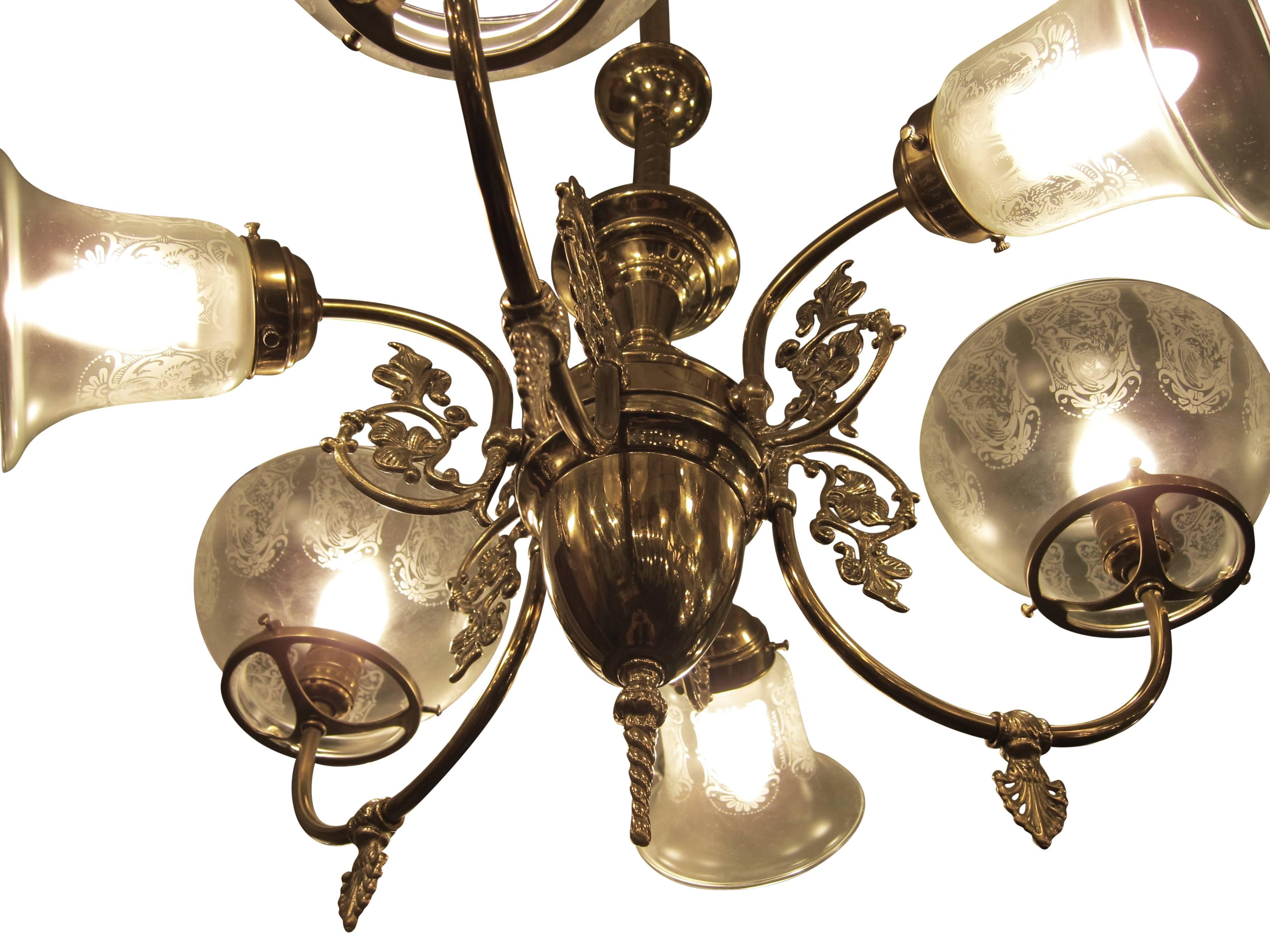 Victorian Six-Arm Brass Electric and Gas Style Chandelier Pendant with Etched Shades