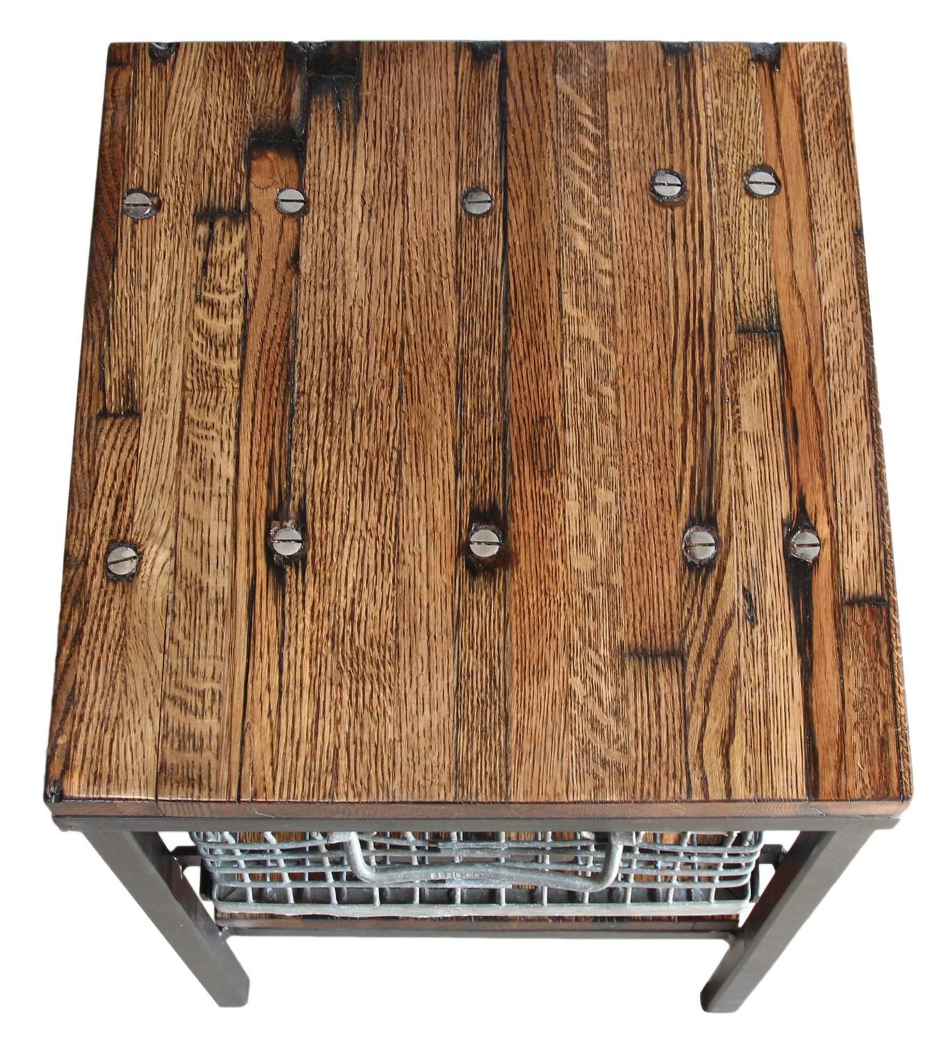 Galvanized Storage Basket Nightstand End Table with Shelf Using Wood Flooring For Sale at 1stdibs