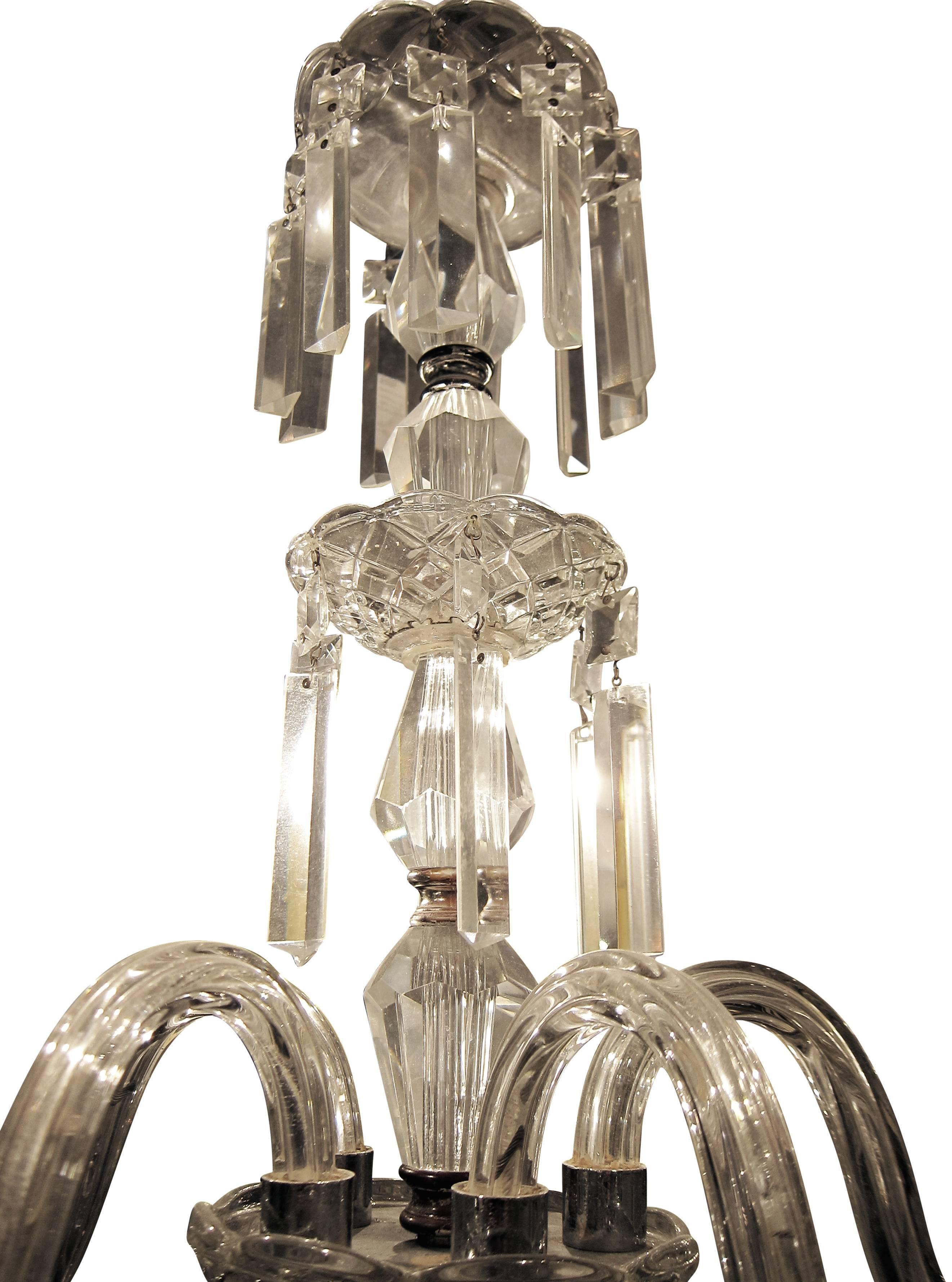 20th Century clear crystal five arm chandelier. Features modern crystal prisms and nickel finishes. Price includes restoration. Please note, this item is located in one of our NYC locations.