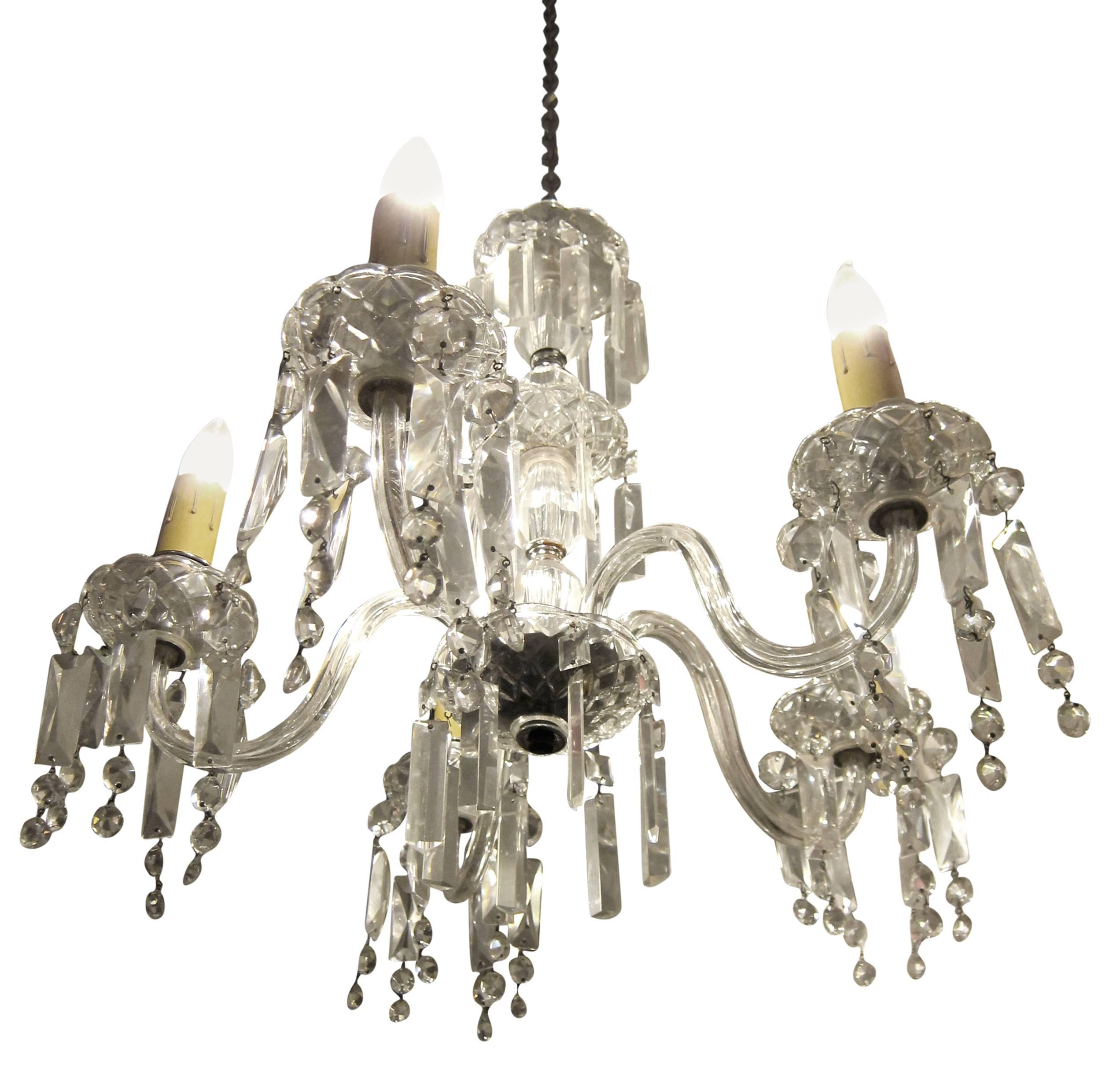 1920s Five-Arm Leaded Crystal Chandelier In Good Condition For Sale In New York, NY