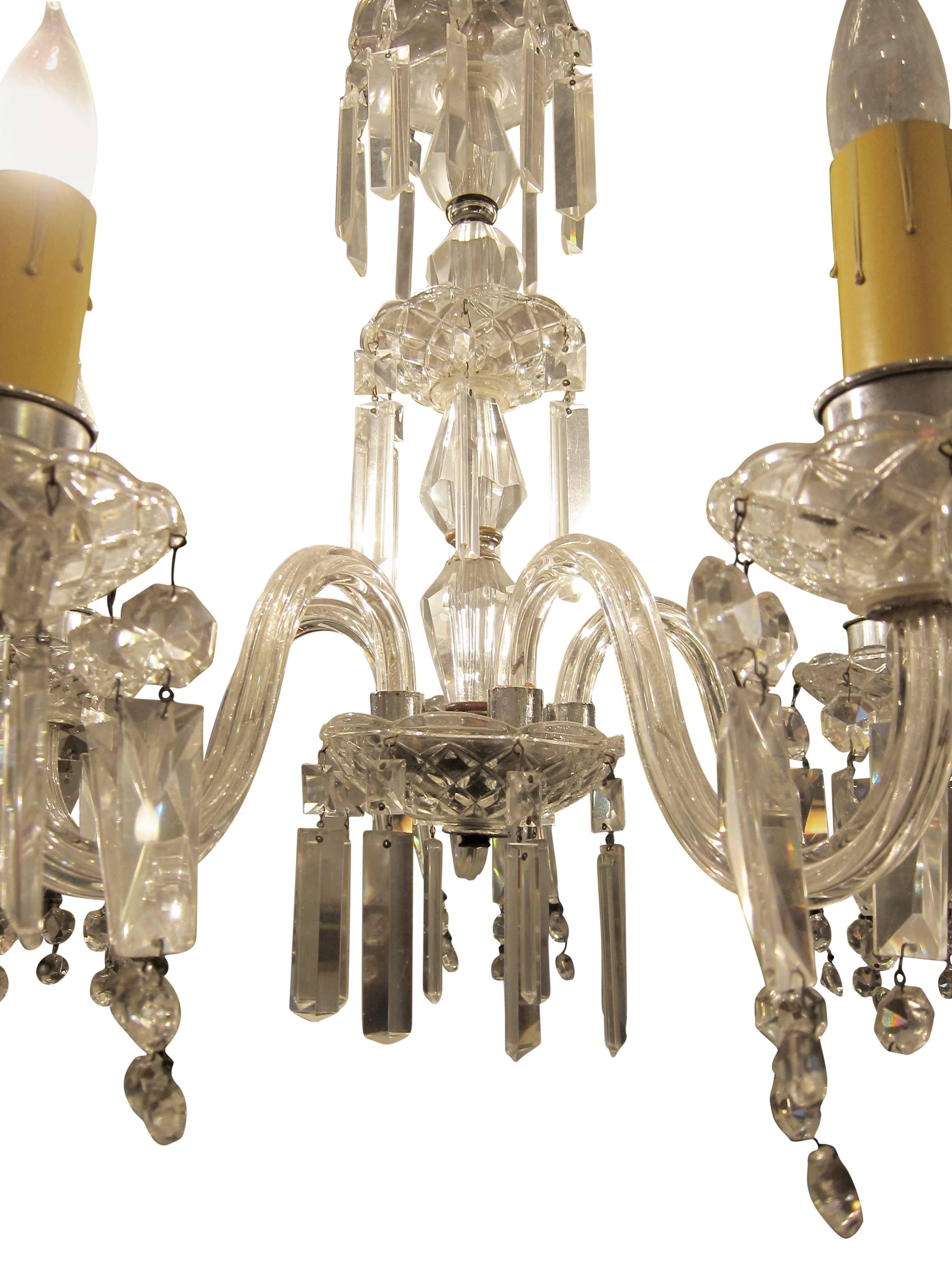 American 1920s Five-Arm Leaded Crystal Chandelier For Sale