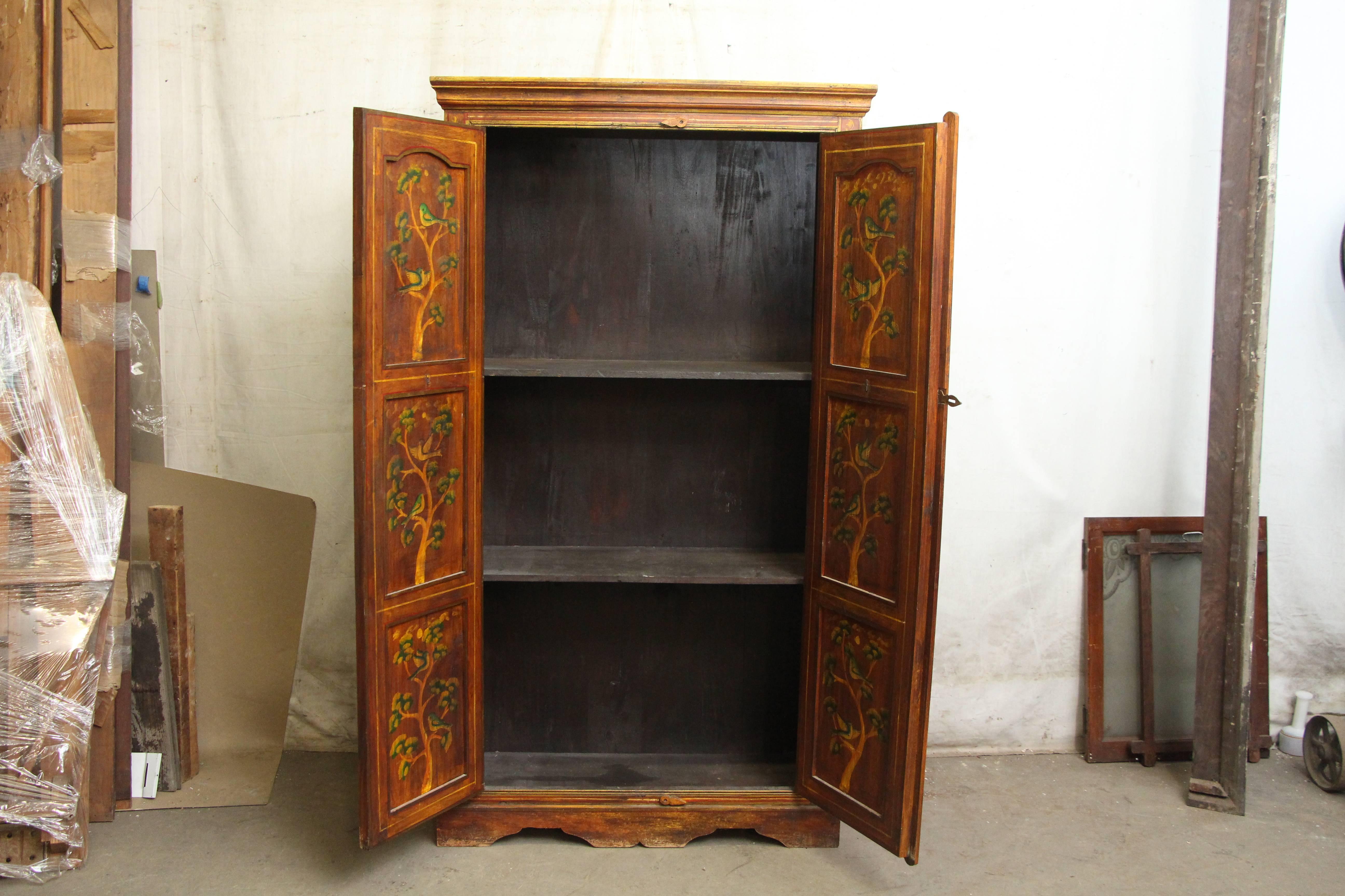 Unknown 1990s Hand-Painted Floral Wood Cabinet with Three Shelves