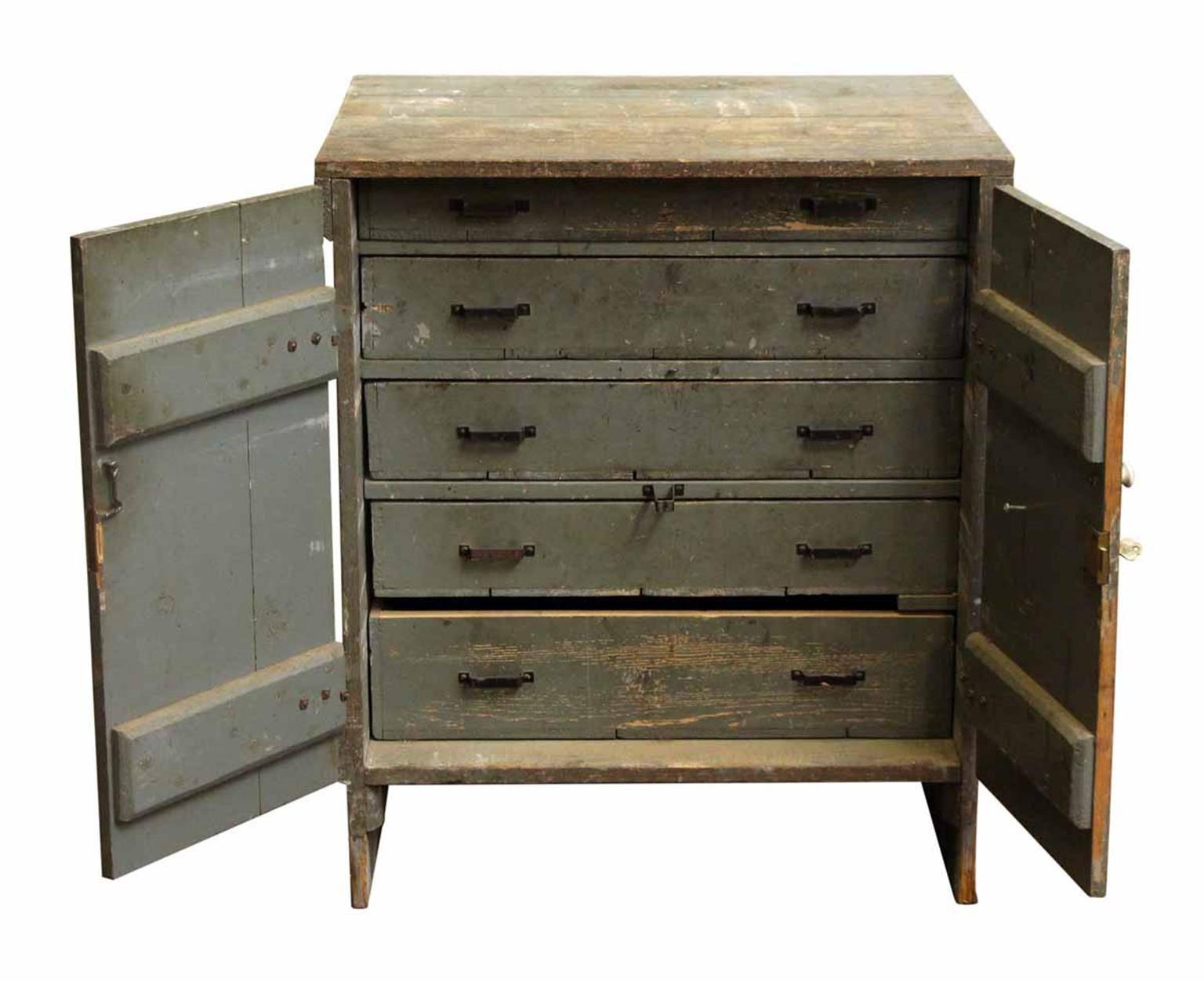 Industrial 1920s Antique Wooden Tool Cabinet with Five Drawers