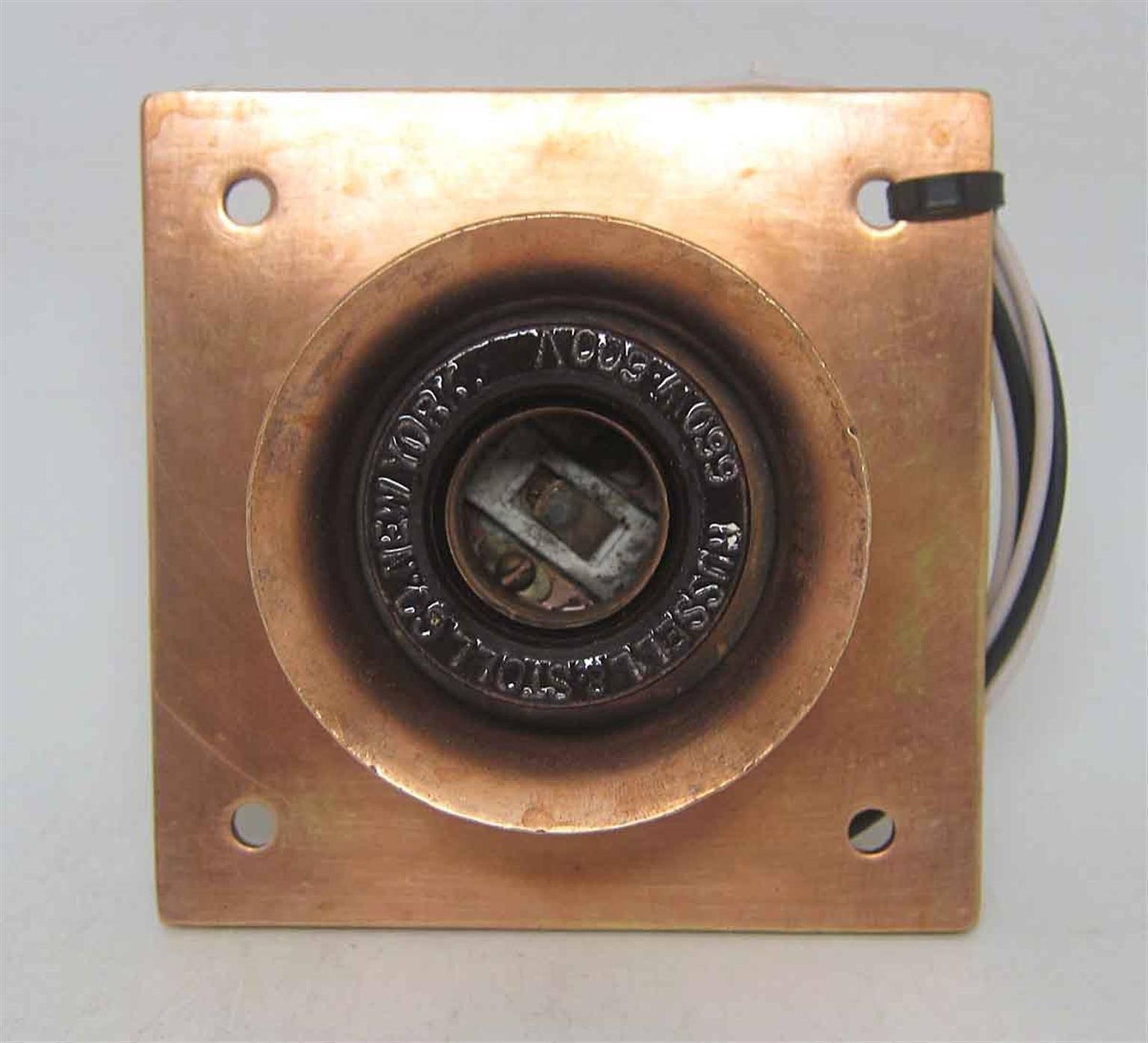 Original 1920s New York City copper plated brass single subway flush mount light. Made by Russell & Stoll Co., New York. Mounts in standard electrical junction box. Some copper plated, some more brassy in appearance. Small quantity available at time