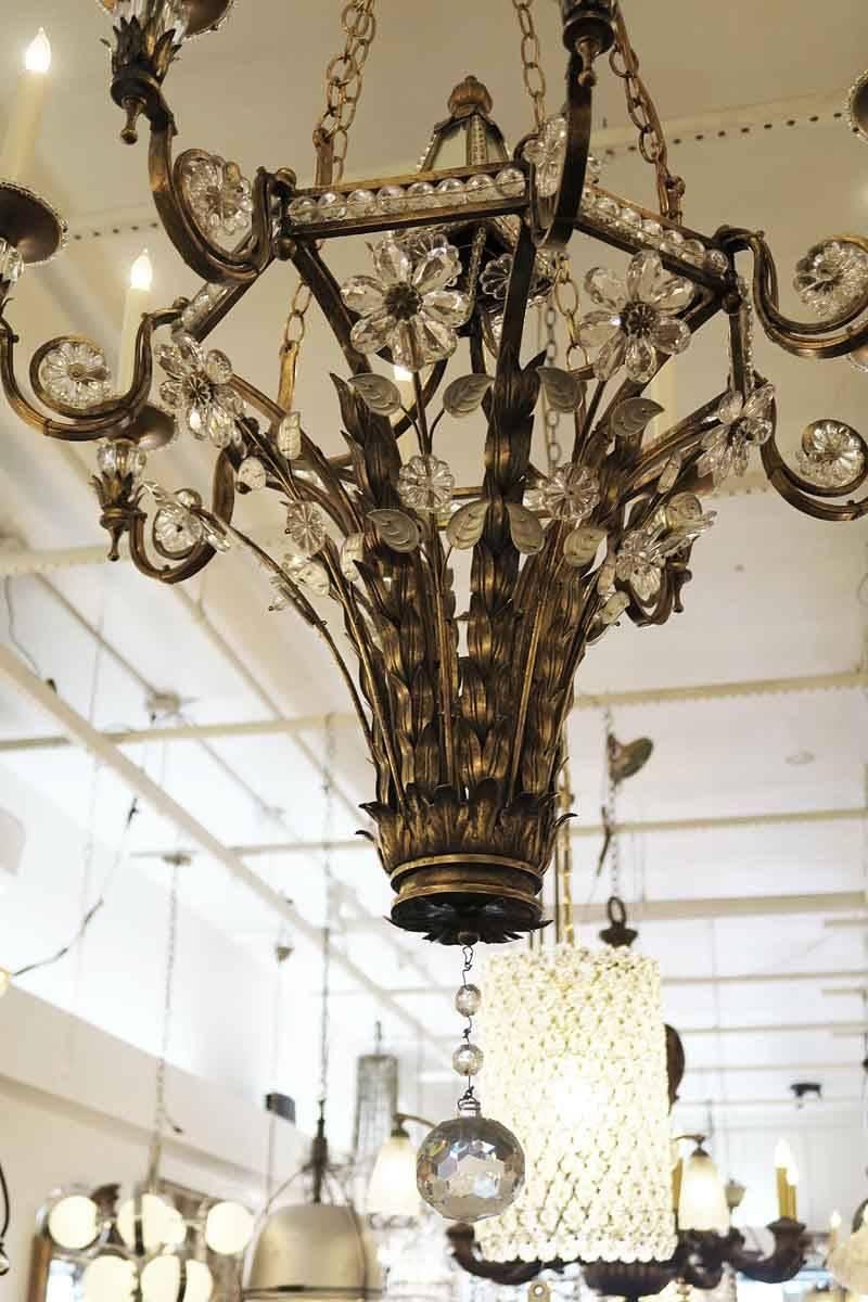 Contemporary Wrought Iron and Crystal Floral Eight-Arm Mirrored Chandelier with Ball Finial