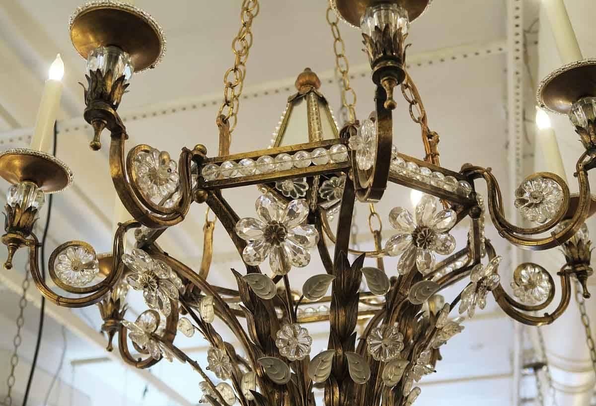 Wrought Iron and Crystal Floral Eight-Arm Mirrored Chandelier with Ball Finial In Excellent Condition In New York, NY