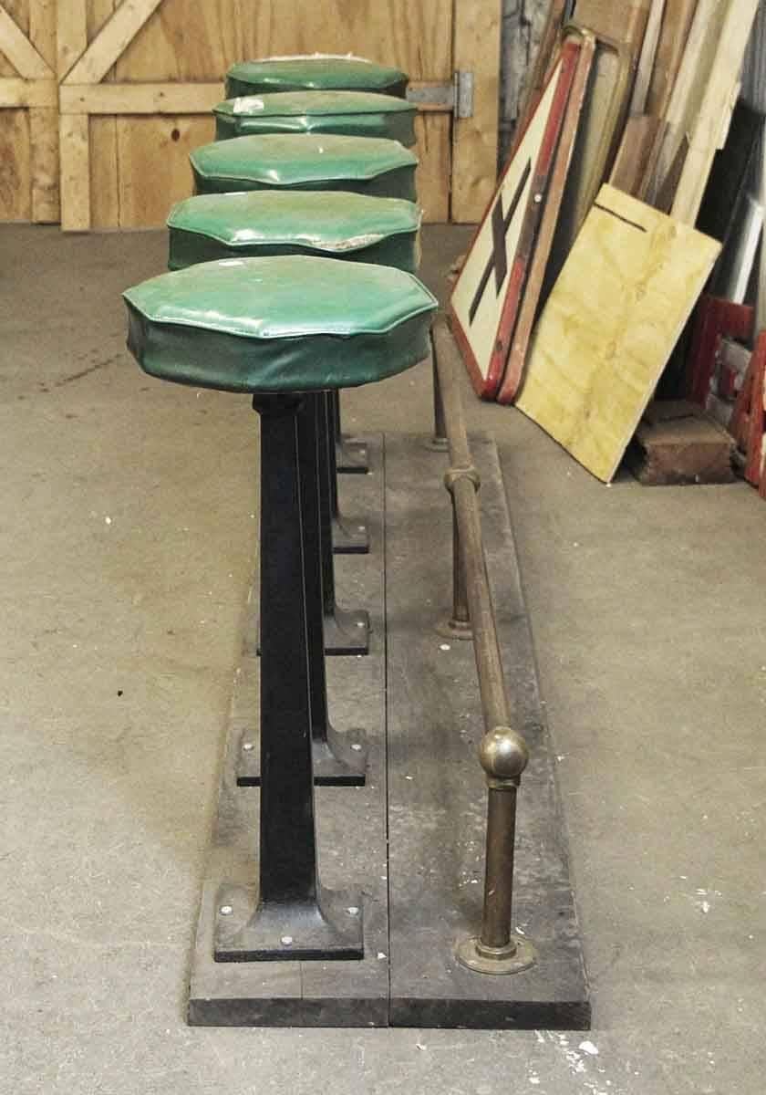 Industrial 1890s Five-Seat Stool Unit with Brass Foot Rail Rest