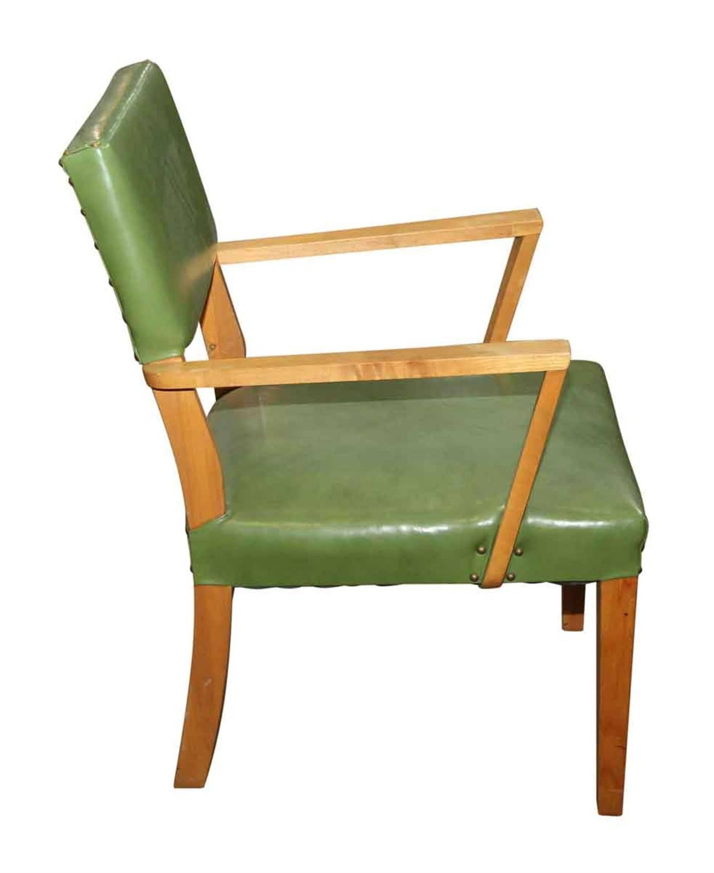 American 1959 Mid-Century Modern Green and Maple Wood Armchair with Brass Tacks