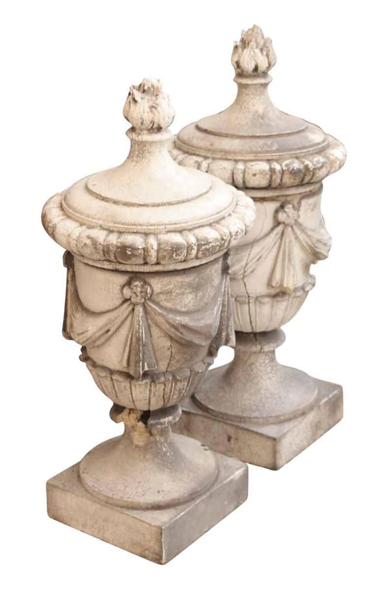 American 1890s Pair of White Crackled Terracotta Urns with Swags