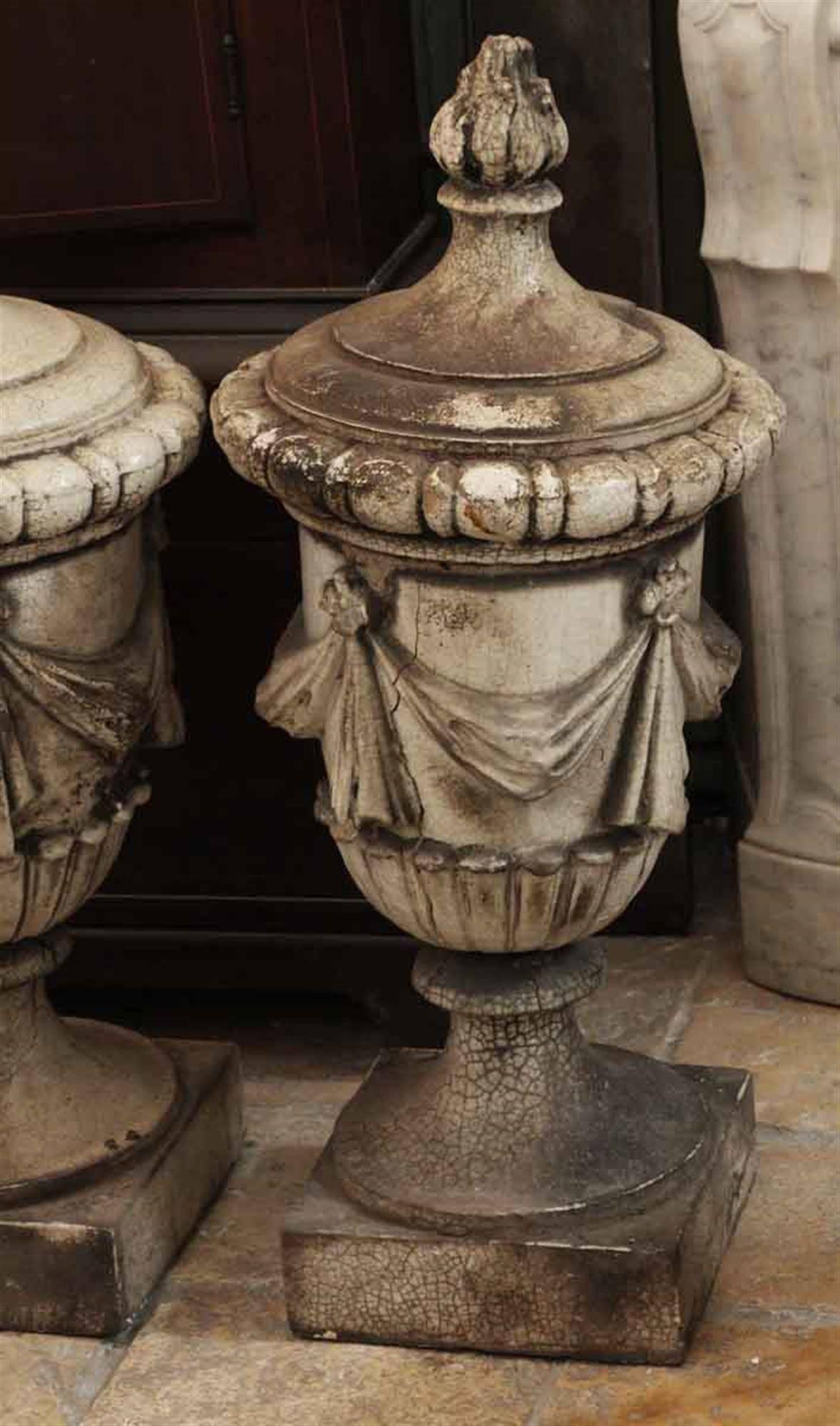 Beaux Arts 1890s Pair of White Crackled Terracotta Urns with Swags