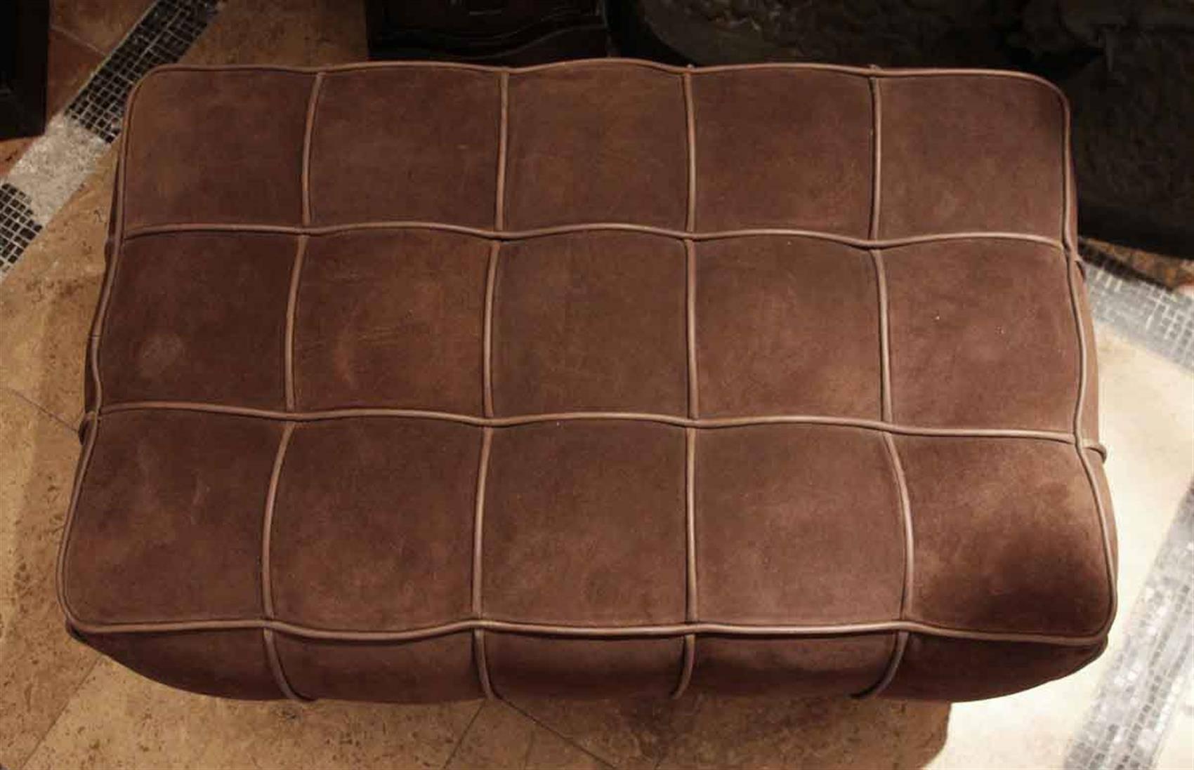 American 1990s Warm Brown Suede Leather Ottoman with a Wooden Base and a Leather Handle