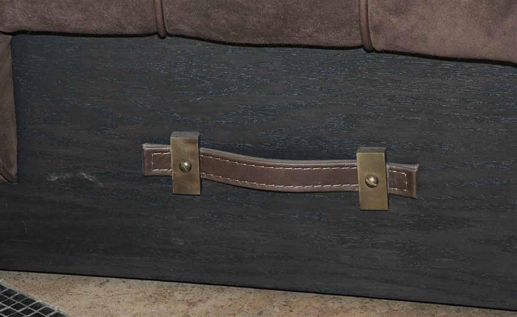Late 20th Century 1990s Warm Brown Suede Leather Ottoman with a Wooden Base and a Leather Handle