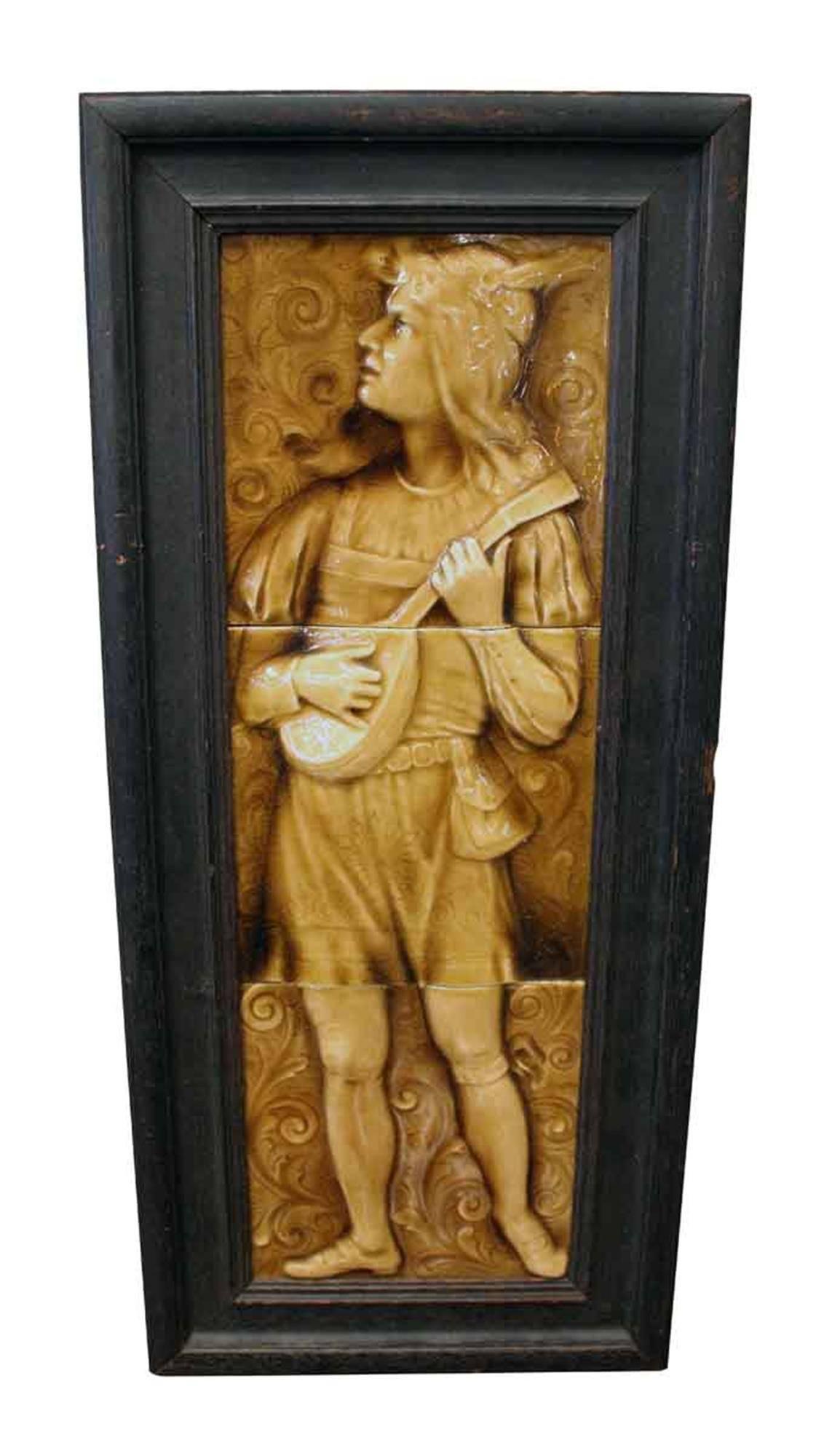 1890s Pair of Wood Framed Victorian Figural Mantel Tile In Excellent Condition In New York, NY