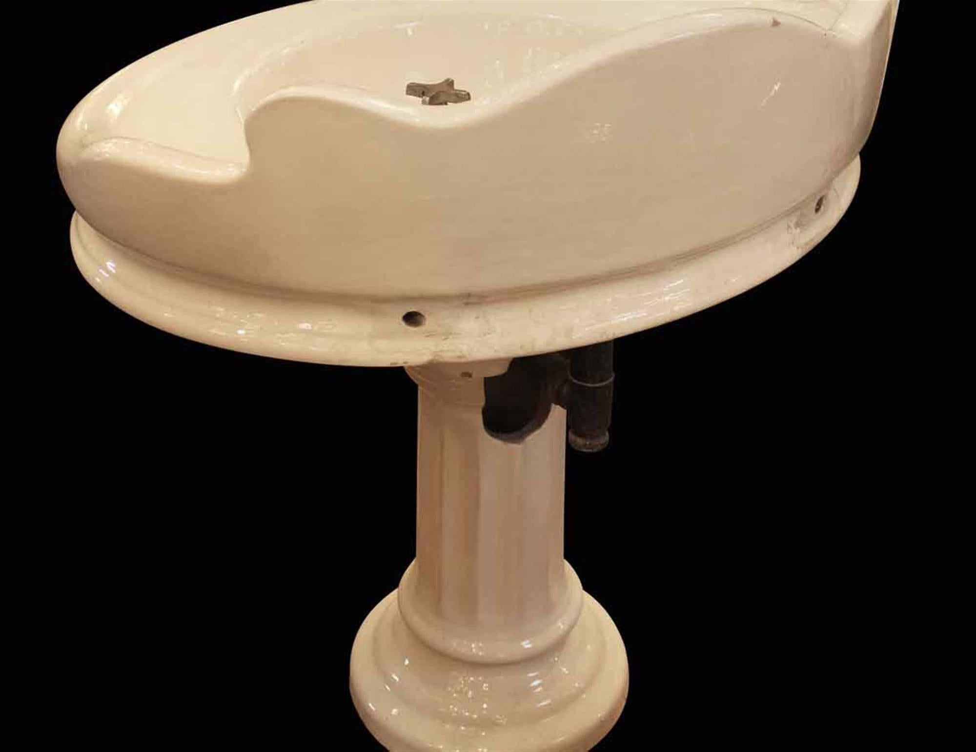 Industrial 1900s Earthenware Pedestal Oval Sink with Back Splash and Original Hardware