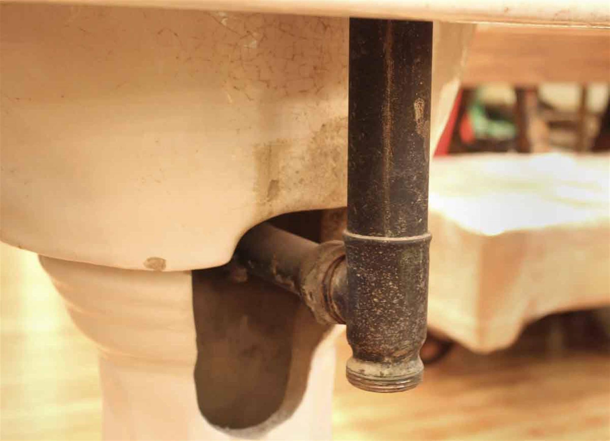 American 1900s Earthenware Pedestal Oval Sink with Back Splash and Original Hardware
