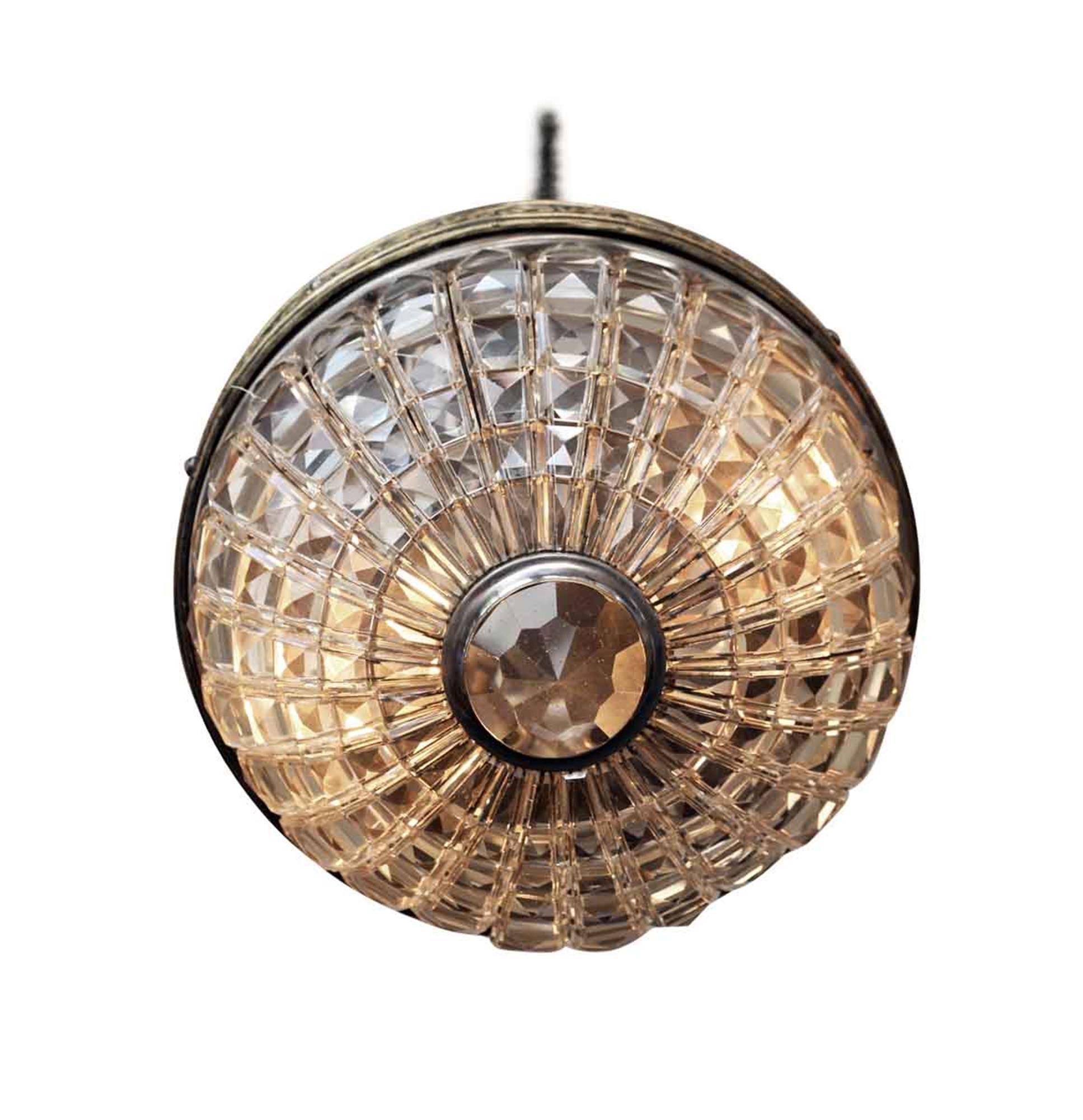 American 1930s Brass and Crystal Basket Flush Mount Light with Two Lights