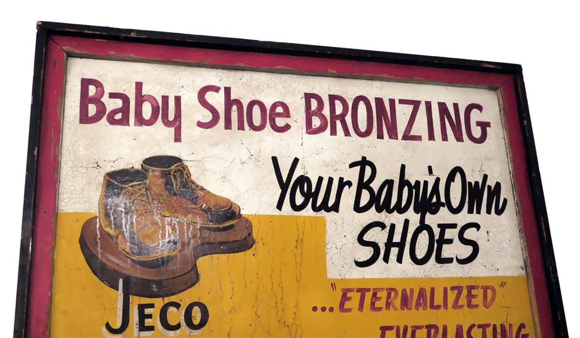 Industrial 1940s Wooden Framed Double Sided Baby Shoe Bronzing Sign
