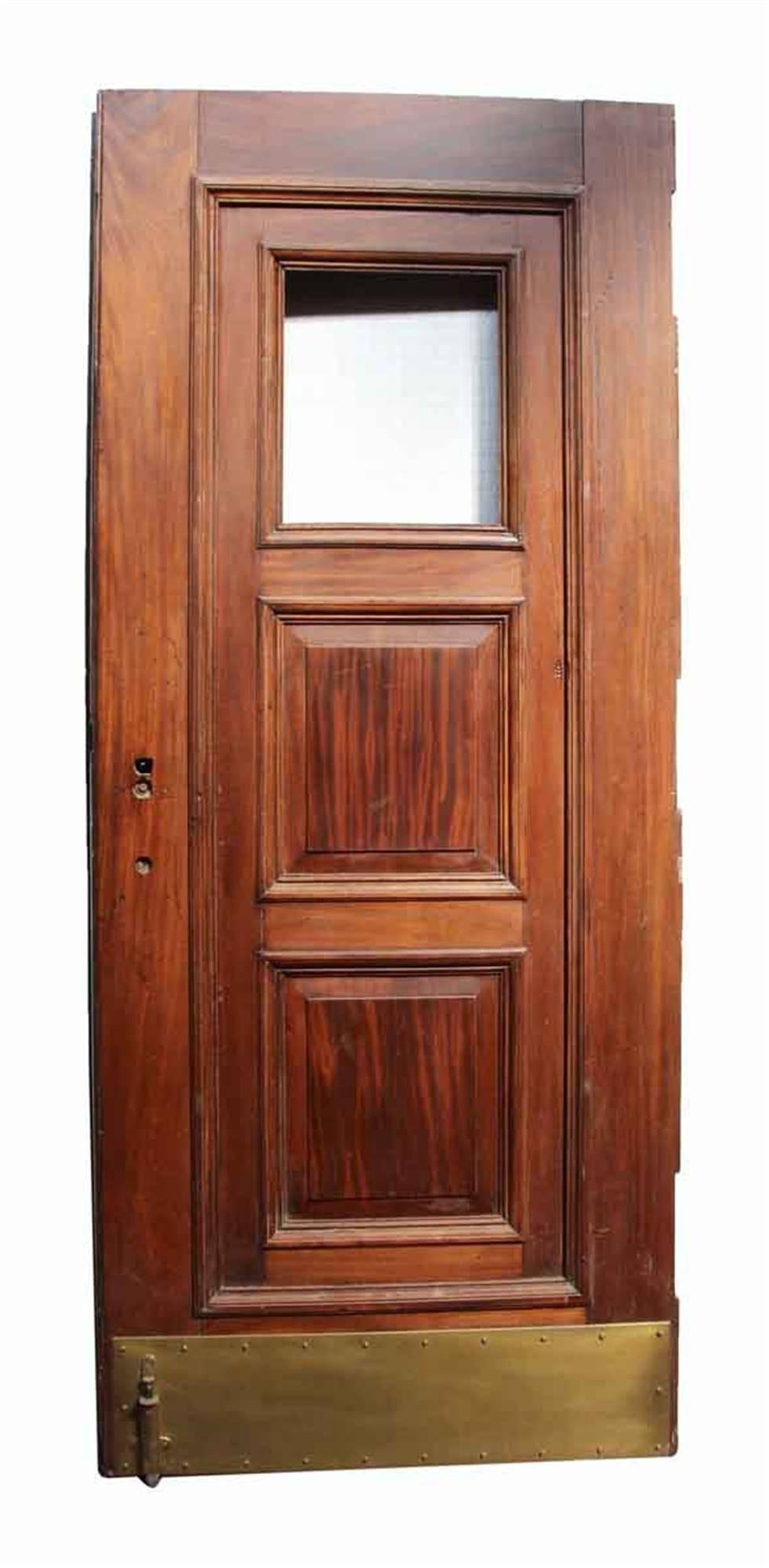 American 1880s Victorian Studded Wood Door with Window and Original Bronze Hardware