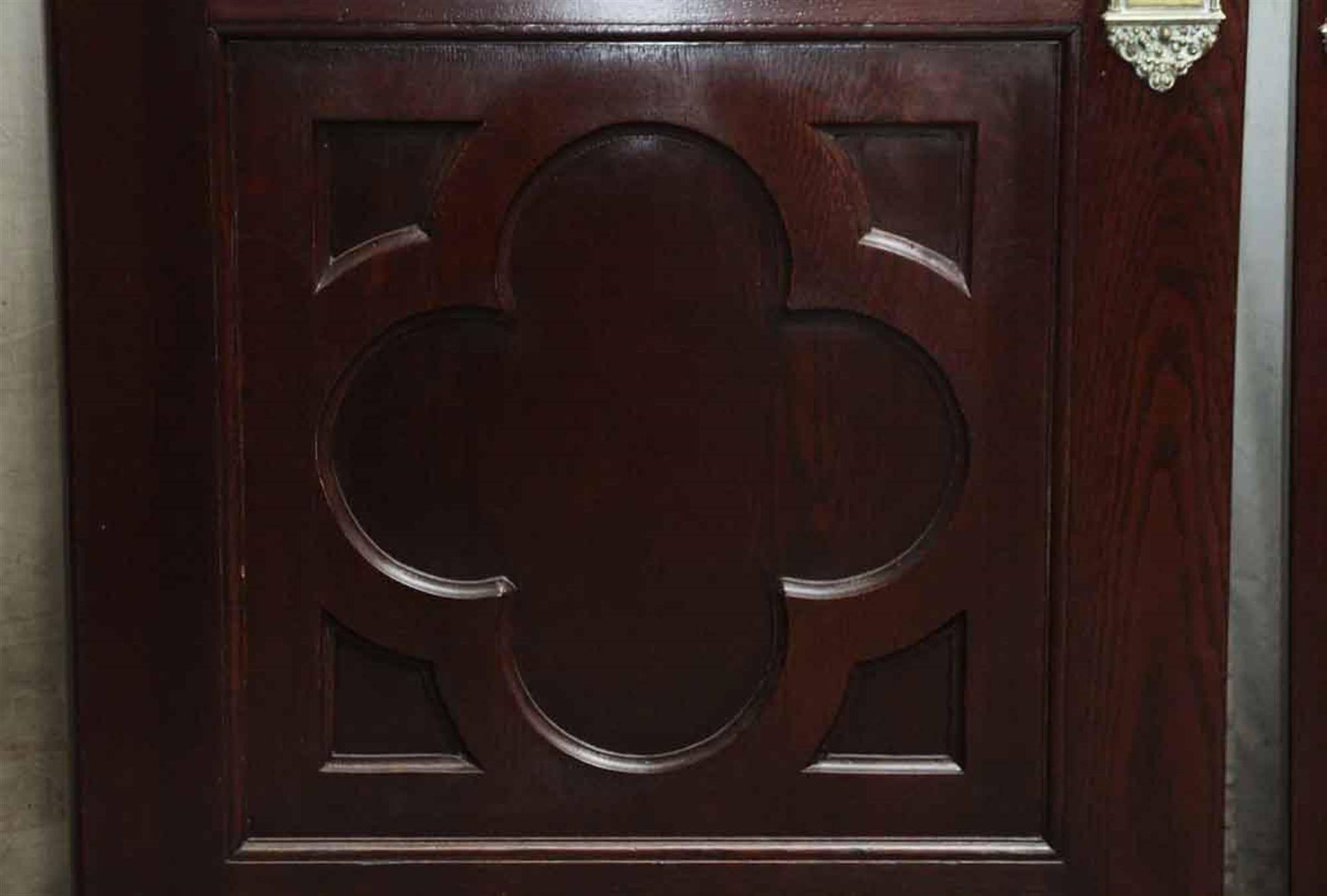 Gothic 1910s Clover Burled Walnut and Beveled Glass Doors, Original Ornate Push Plates