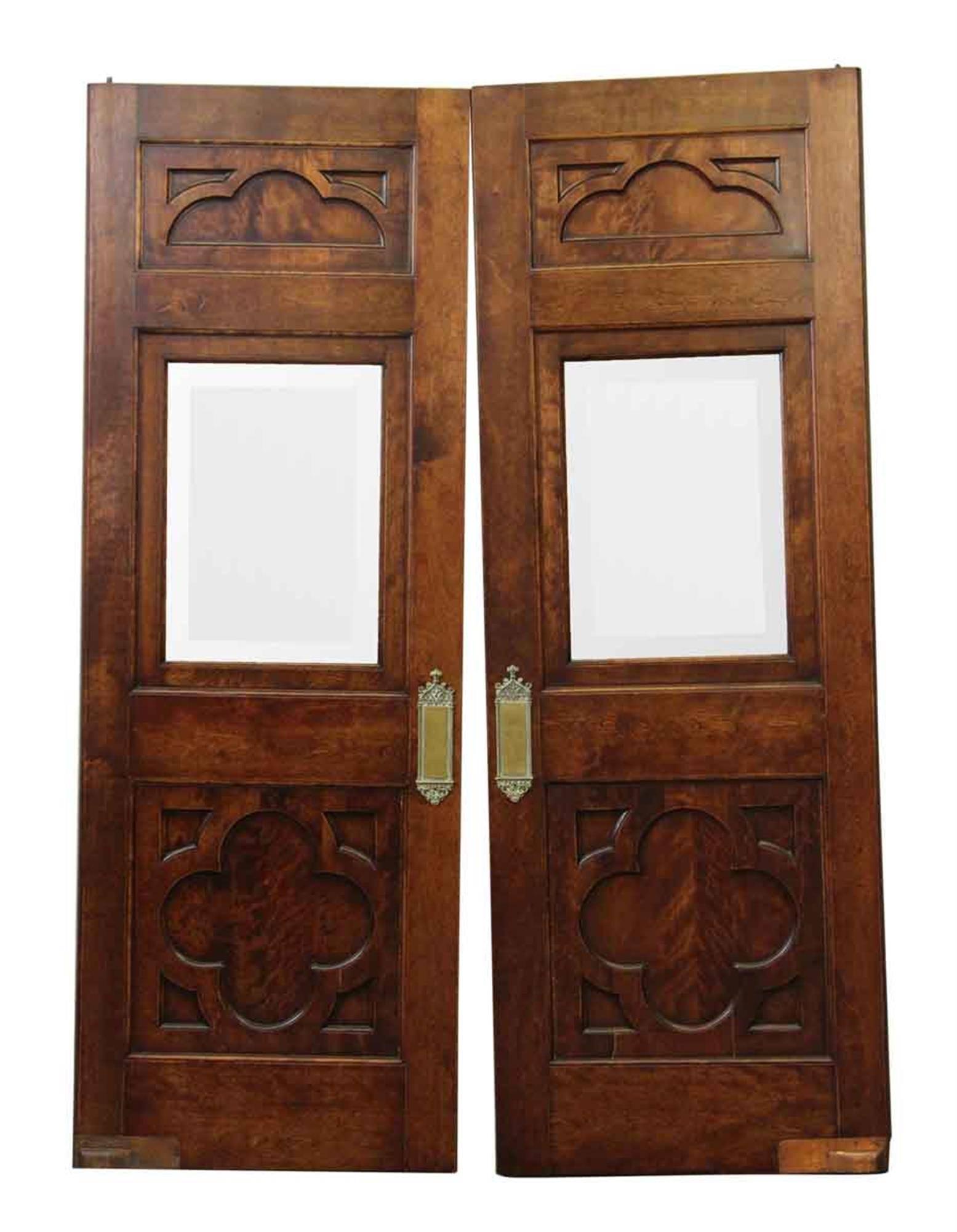 1910s Clover Burled Walnut and Beveled Glass Doors, Original Ornate Push Plates In Excellent Condition In New York, NY