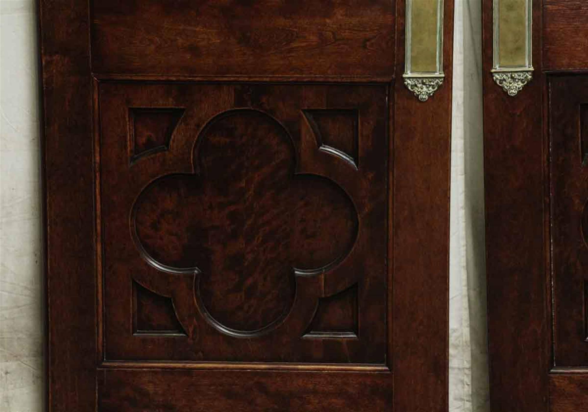 Early 20th Century 1910s Clover Burled Walnut and Beveled Glass Doors, Original Ornate Push Plates