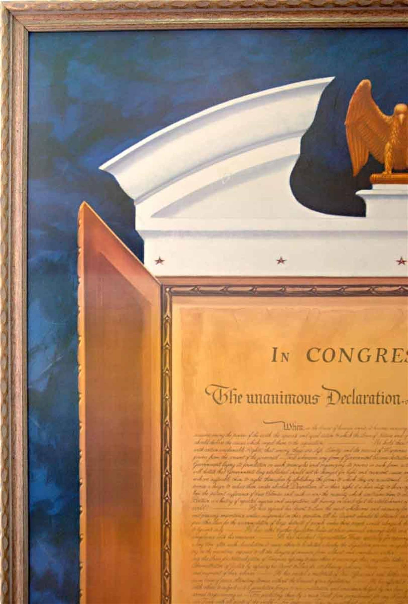 One of a kind framed lithograph of Thomas Jefferson’s 'Declaration of Independence.' It was made and presented to the city of Philadelphia as a gift from 'ACME Markets' in 1961. The timeless document appears to be set within a white monument, which