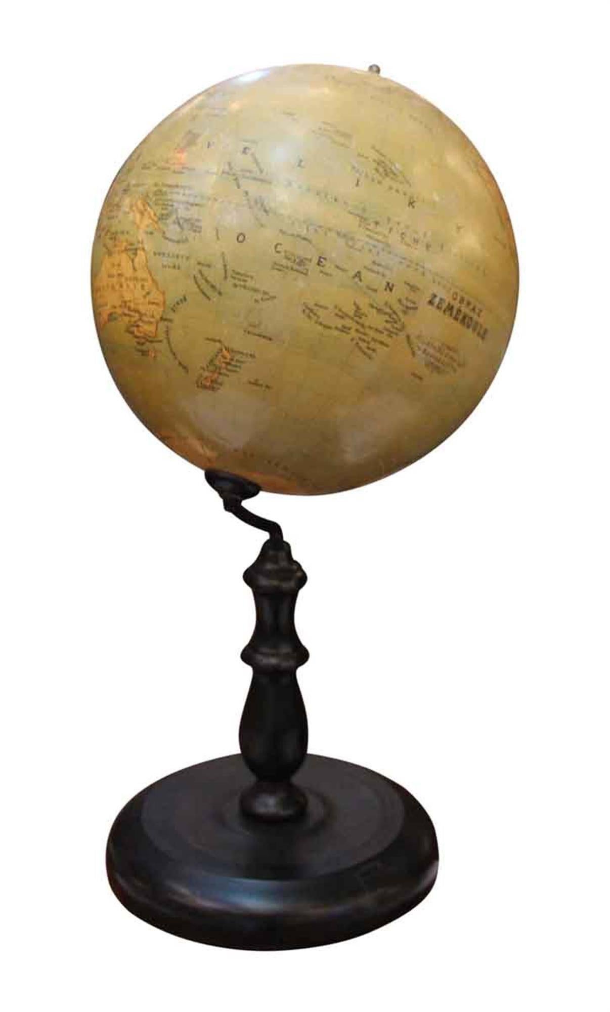 Wooden base tabletop 1880s Obraz Zemekoule terrestrial world Globe. This unusual globe, whose name translates to 