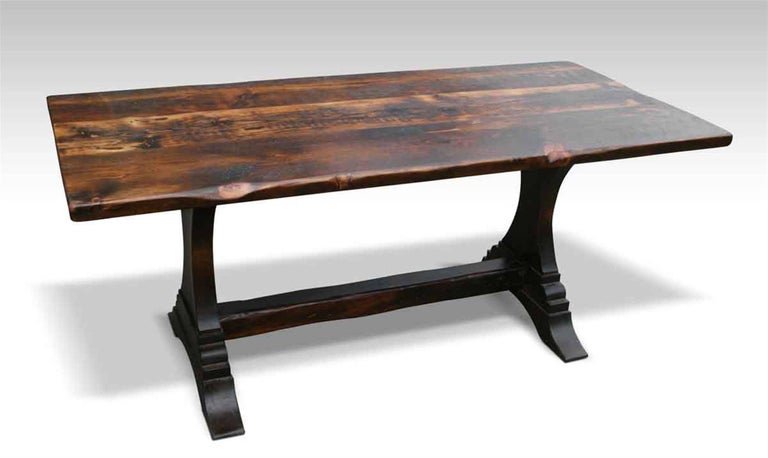Customizable Rustic Trestle Leg Farm Table With Dark Stain For Custom Farmhouse Trestle Dining Room Table With Semi Rustic Finish And Dark Walnut Stain The