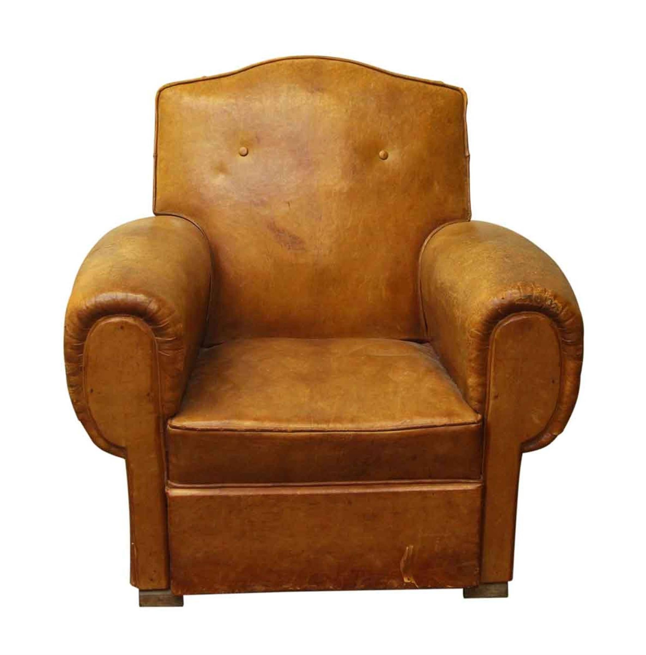 1960s single French leather club chair with a studded back. Shows wear from age and use. This can be seen at our 400 Gilligan St location in Scranton, PA.