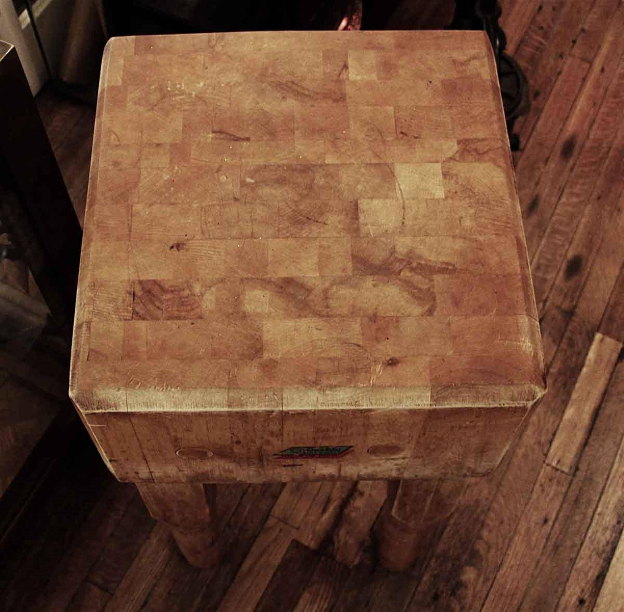 1950s square solid maple butchers block made in Kingston, New York by Electro-Lam Products. Smaller size easily placed. This can be seen at our 149 Madison Ave location in Manhattan.