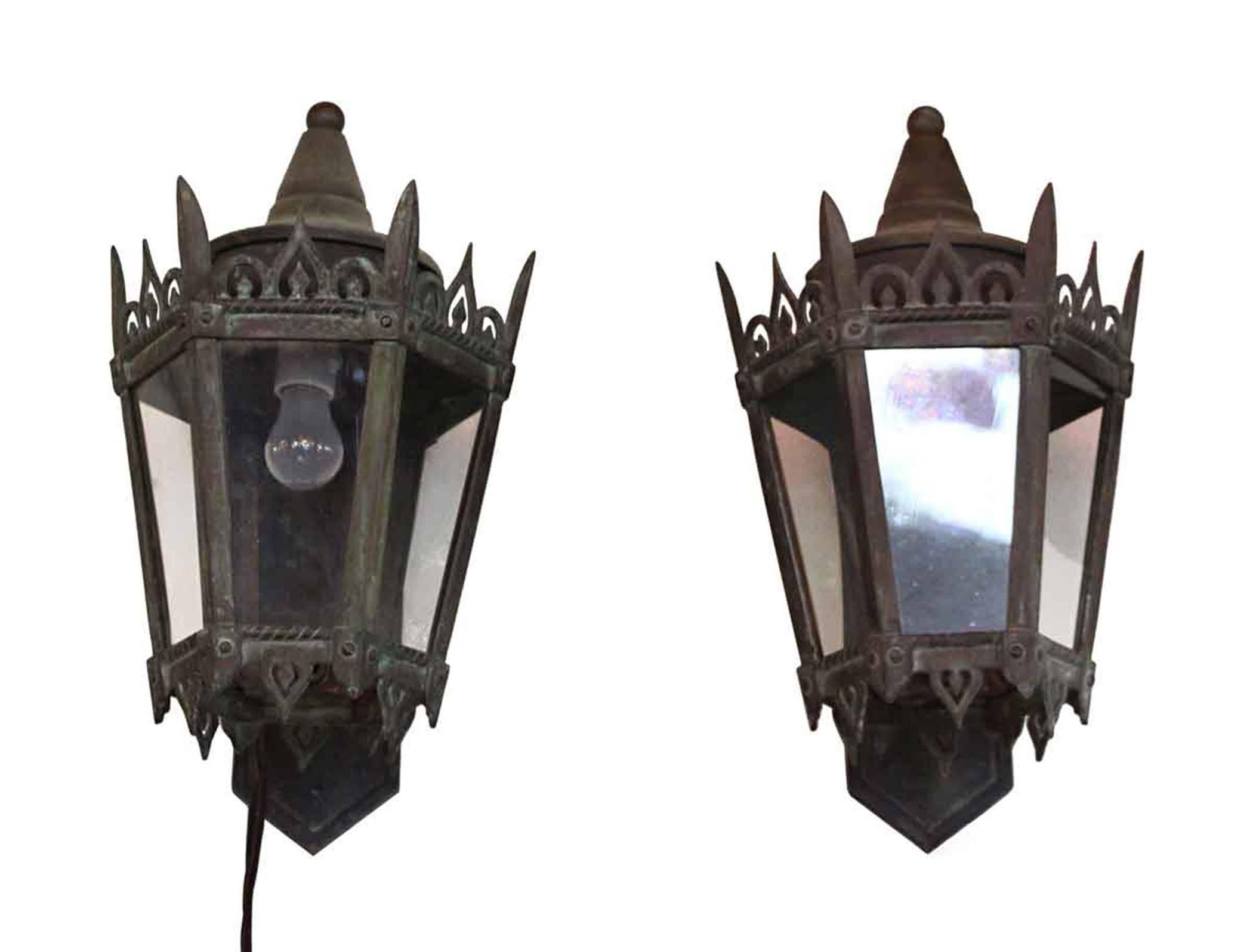 Mid-20th Century 1930s Set of Two Bronze Art Deco Exterior Sconces with Original Glass and Patina