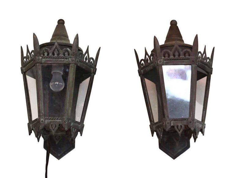 1930s Set Of Two Bronze Art Deco Exterior Sconces With Original Mid 20th Century 1930s Set Of Two Bronze Art Deco Exterior Sconces With Original Glass