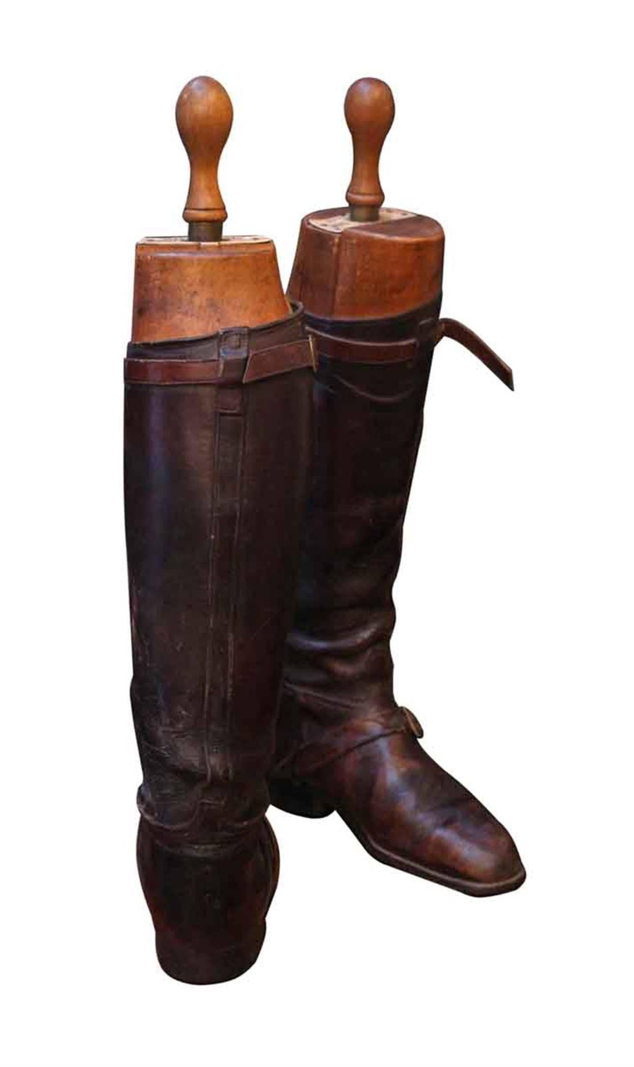 Mid-20th Century 1950s Pair of English Polo Boots with Peal & Co. Ltd. Wooden Stretchers