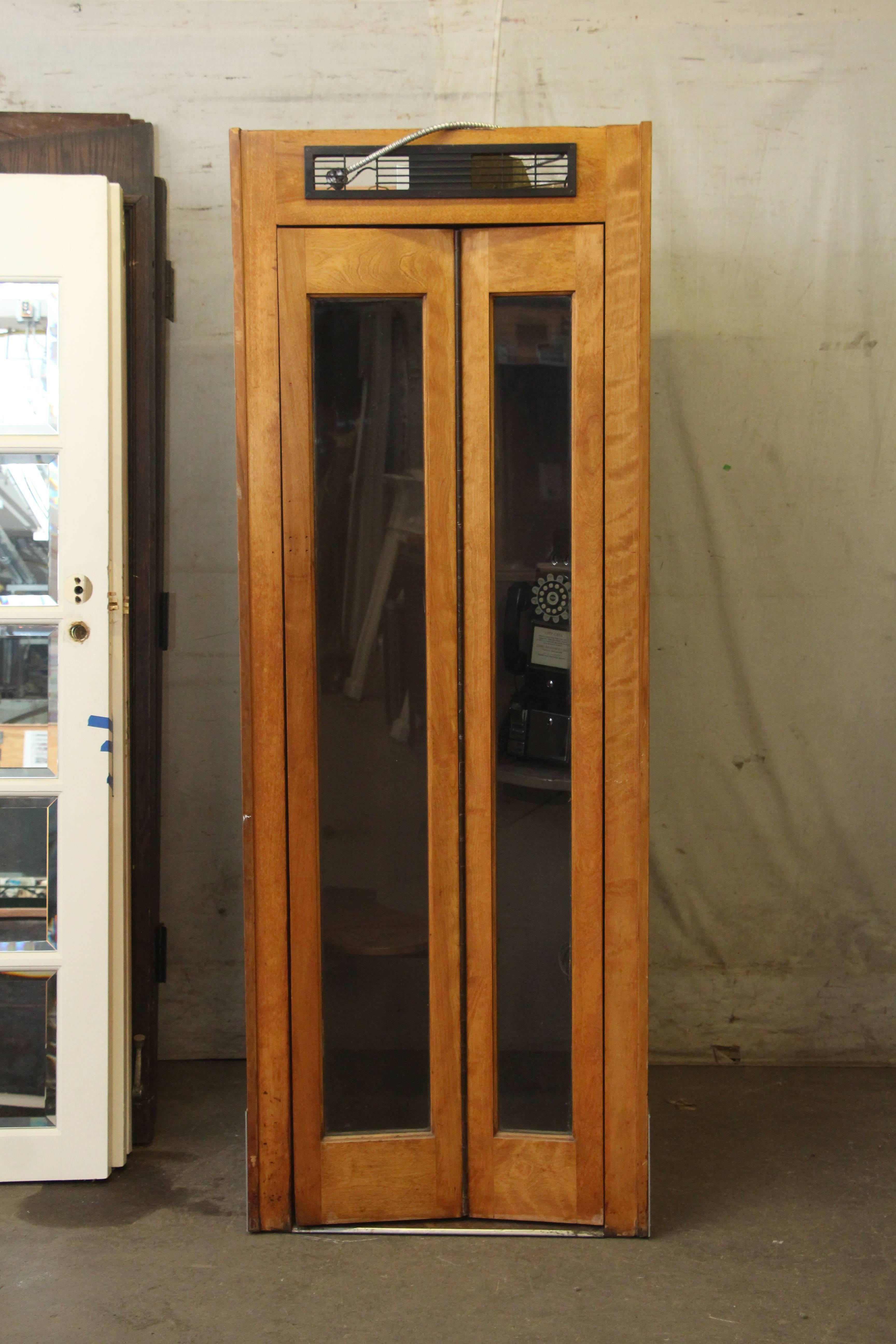 Industrial 1950s Wooden Phone Booth with Rotary Dial Phone