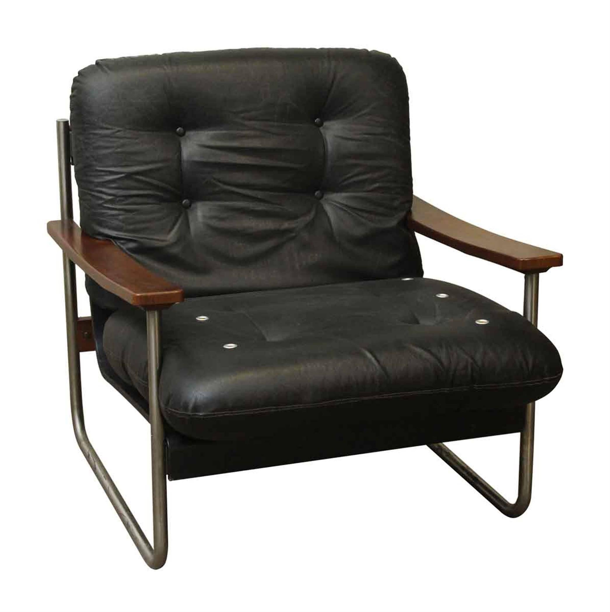 1960s Mid-Century Modern Black Italian Leather and Chrome Armchair 4