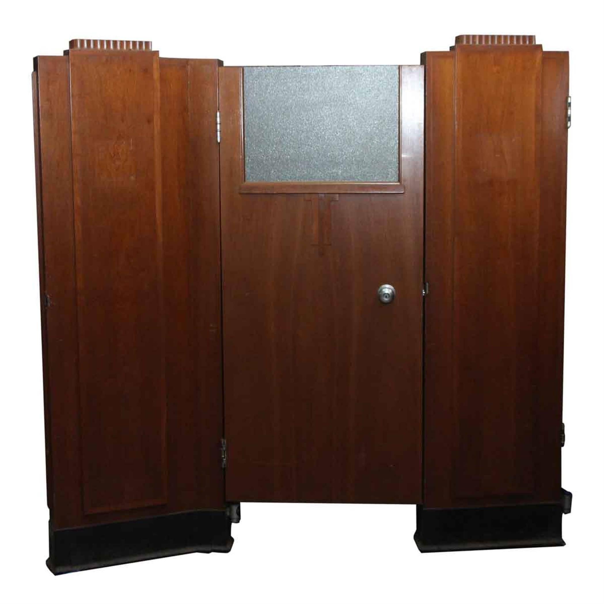 Entire set of divided Art Deco bank cubicles with glass and walnut veneer from the 1940s. This set consists of ten connected rooms like the one pictured. Priced as one lot, but we will consider separating. This can be seen at our 400 Gilligan St