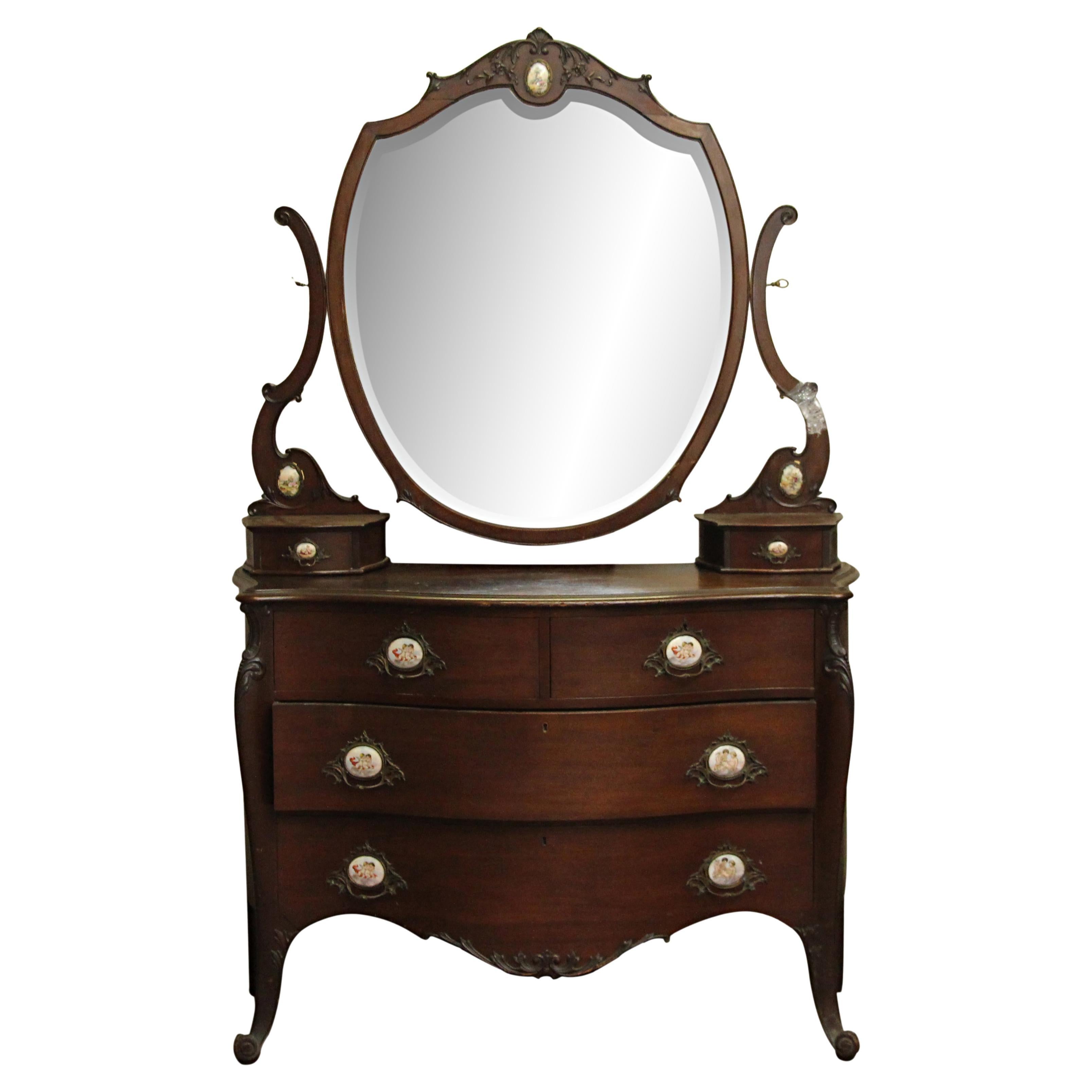 1880s Queen Anne Mahogany Vanity Dresser with Original Beveled Mirror