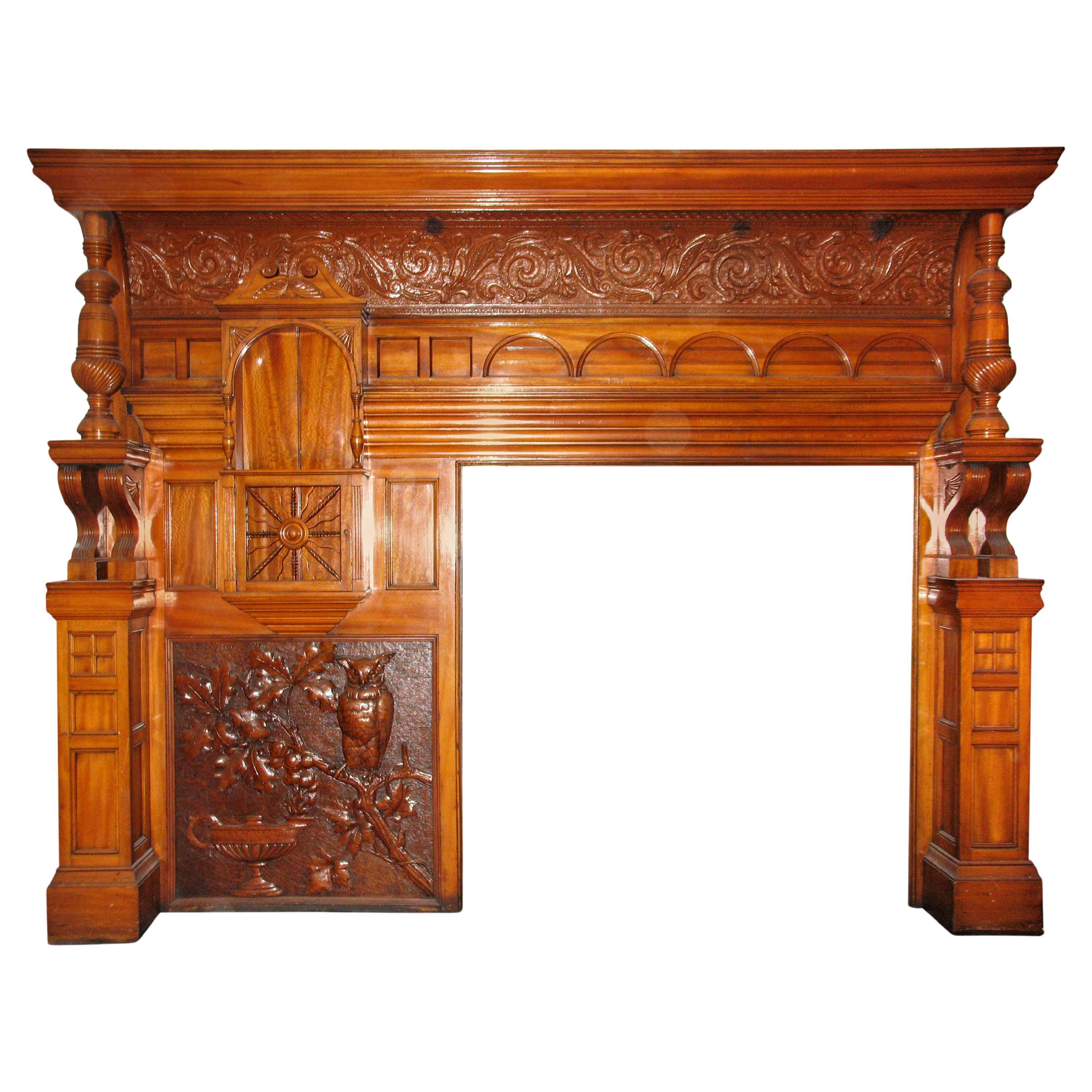 Victorian Carved Whimsical Maple Mantel Turned Columns and Corbels For Sale