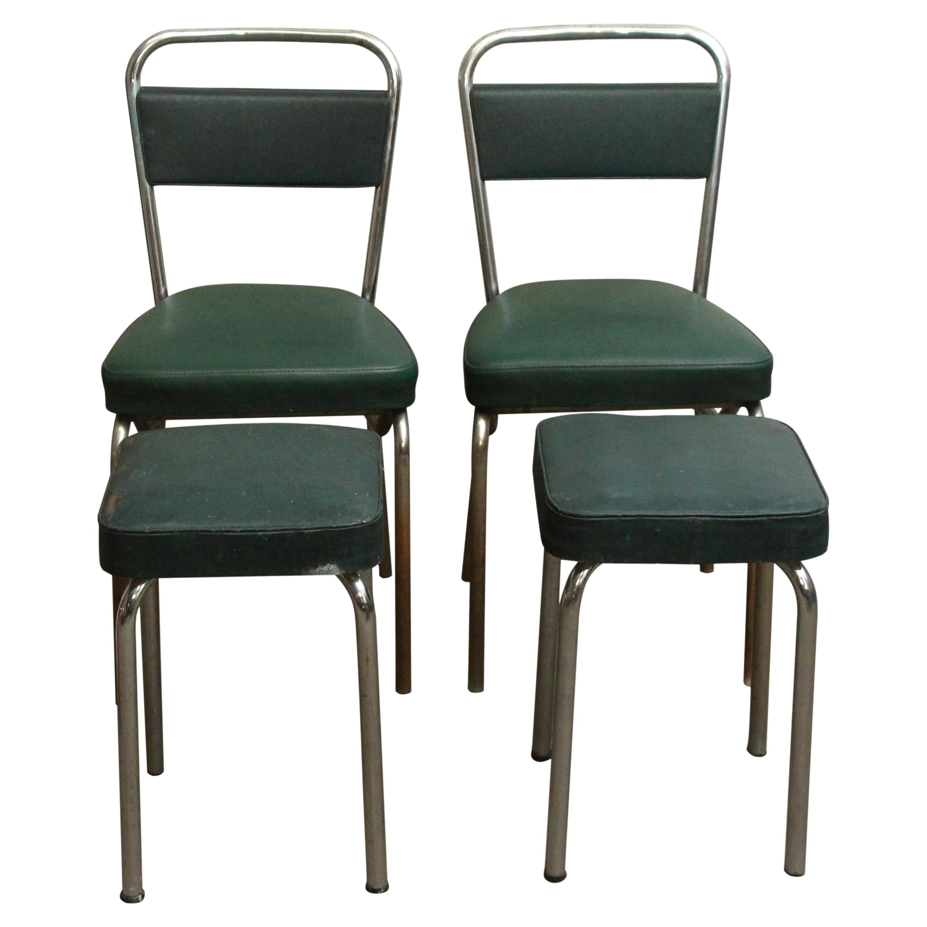 French Strafor Dark Green and Chrome Chair and Stool Set