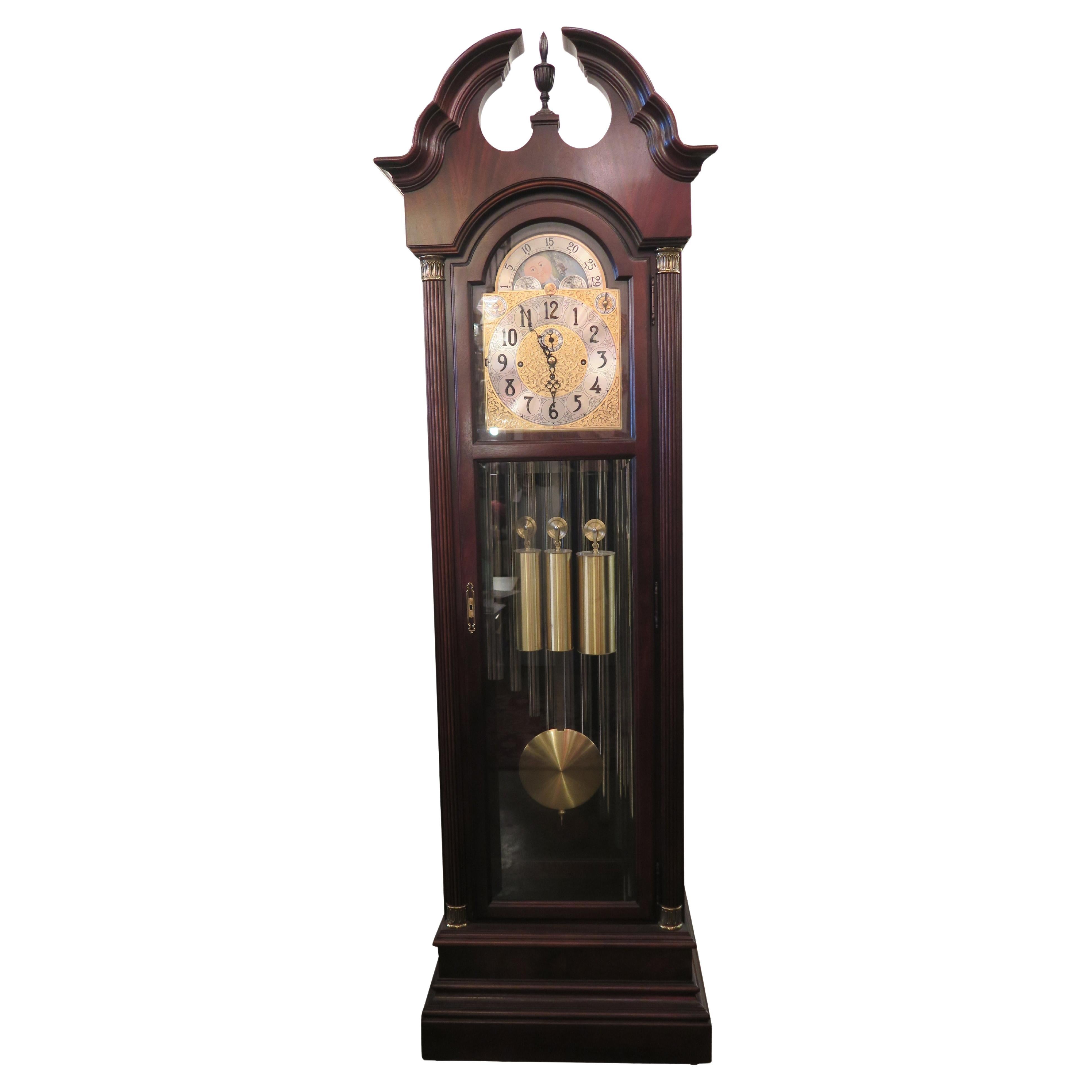 1970s Nine Tube Mahogany Herschede Grandfather Clock with Brass Accents